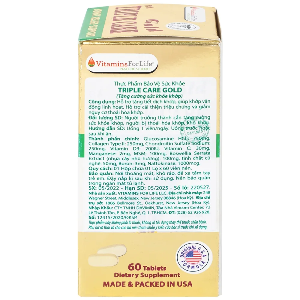 Hình ảnh Viên nang cứng Triple Care Gold Vitamins For Life Hỗ trợ tăng tiết dịch khớp, giảm thoái hóa khớp (60 viên)