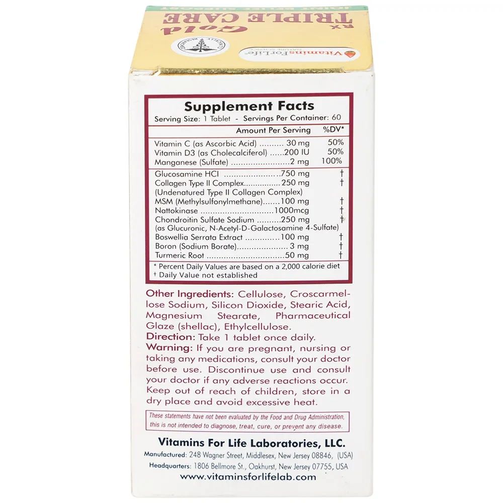 Hình ảnh Viên nang cứng Triple Care Gold Vitamins For Life Hỗ trợ tăng tiết dịch khớp, giảm thoái hóa khớp (60 viên)