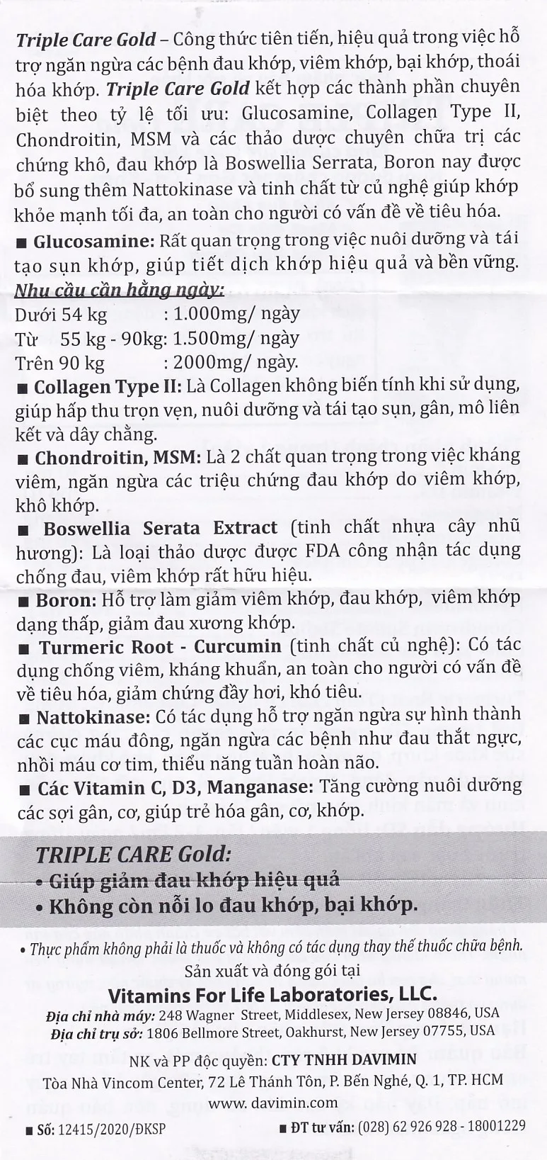 Hình ảnh Viên nang cứng Triple Care Gold Vitamins For Life Hỗ trợ tăng tiết dịch khớp, giảm thoái hóa khớp (60 viên)