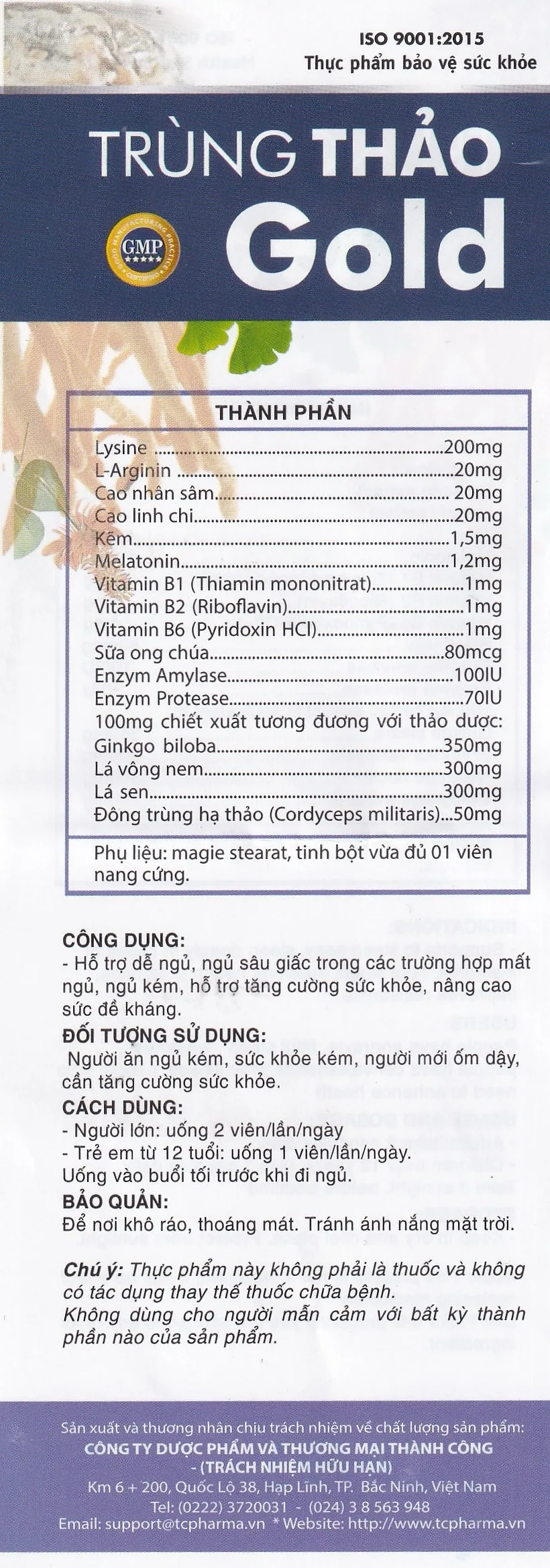Hình ảnh Viên uống Trùng Thảo Gold Thành Công hỗ trợ dễ ngủ, ngủ sâu giấc (30 viên)