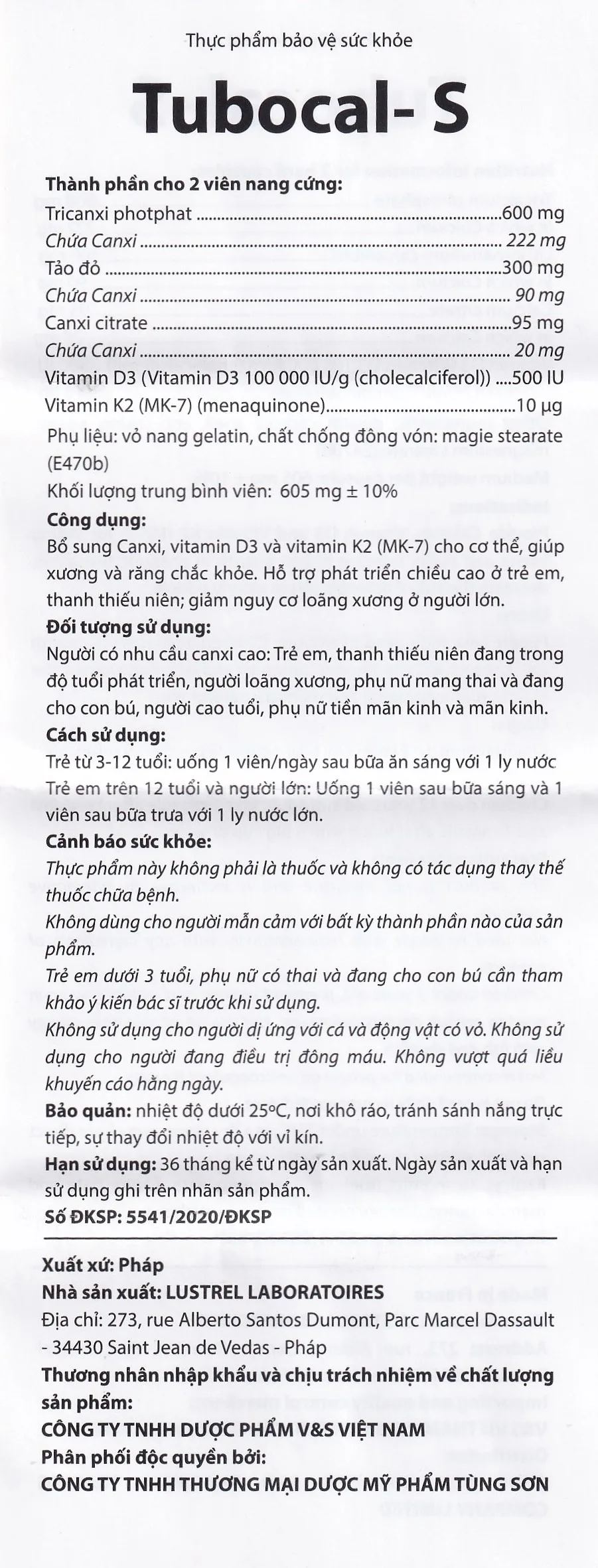 Hình ảnh Viên uống Tubocal-S Lustrel bổ sung canxi, vitamin D3 và vitamin K2, giúp xương và răng chắc khỏe (4 vỉ x 15 viên)