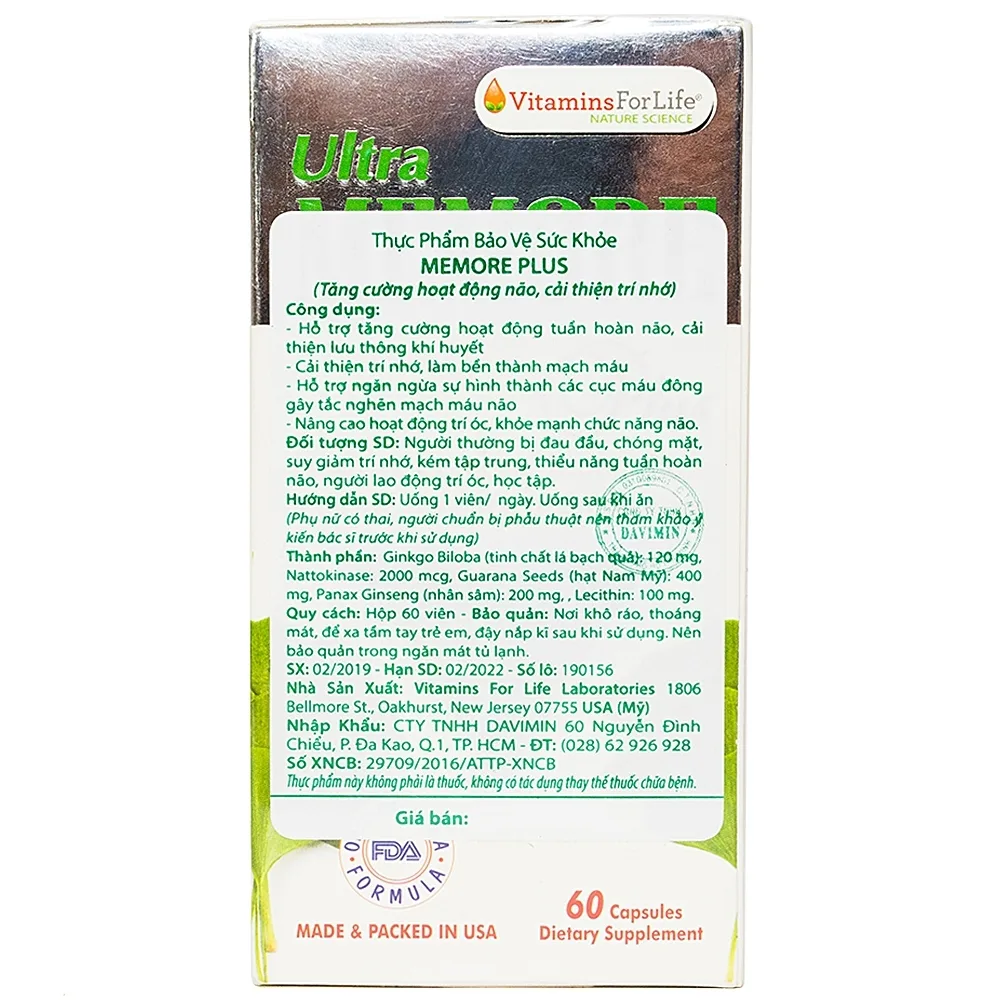 Hình ảnh Viên uống Ultra Memore Plus Vitamins For Life hỗ trợ tăng cường hoạt động tuần hoàn não (60 viên)