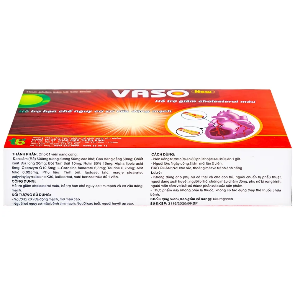 Hình ảnh Viên uống Vaso New Thiên Bình hỗ trợ giảm cholesterol máu (3 vỉ x 10 viên)