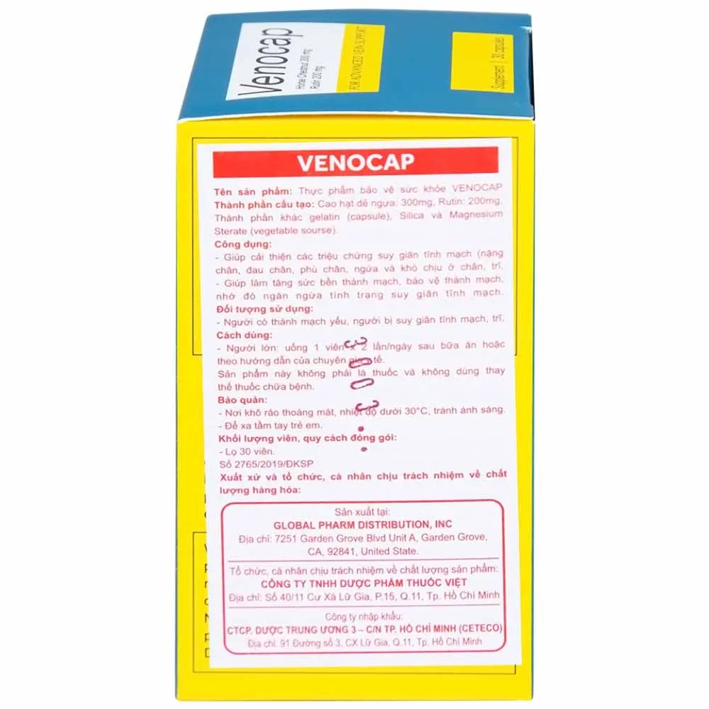 Hình ảnh Viên uống Venocap Global Pharm giúp cải thiện các triệu chứng suy giãn tính mạch (30 viên)
