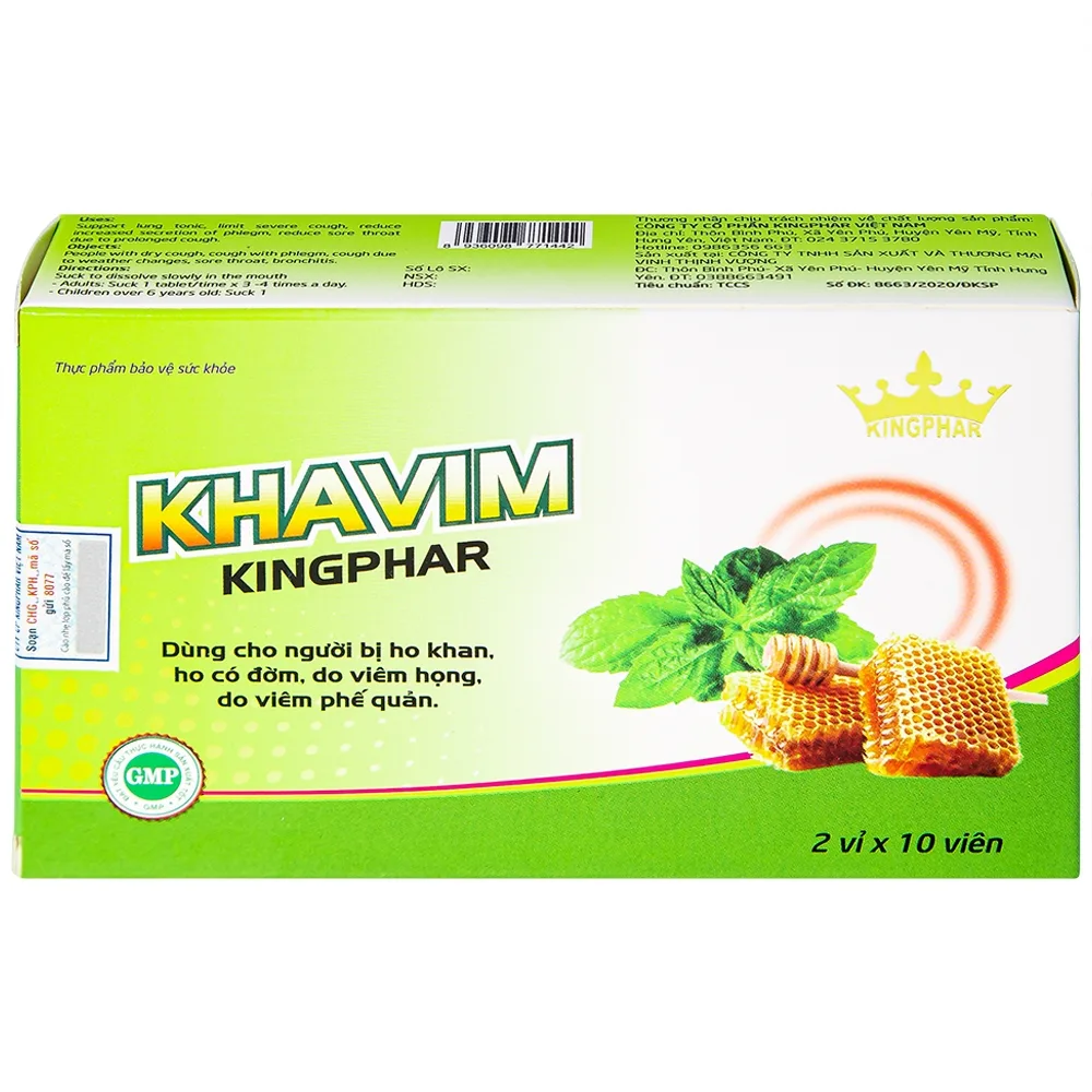 Hình ảnh Viên ngậm Khavim Kingphar dùng cho người bị ho khan, ho có đờm (2 vỉ x 10 viên)