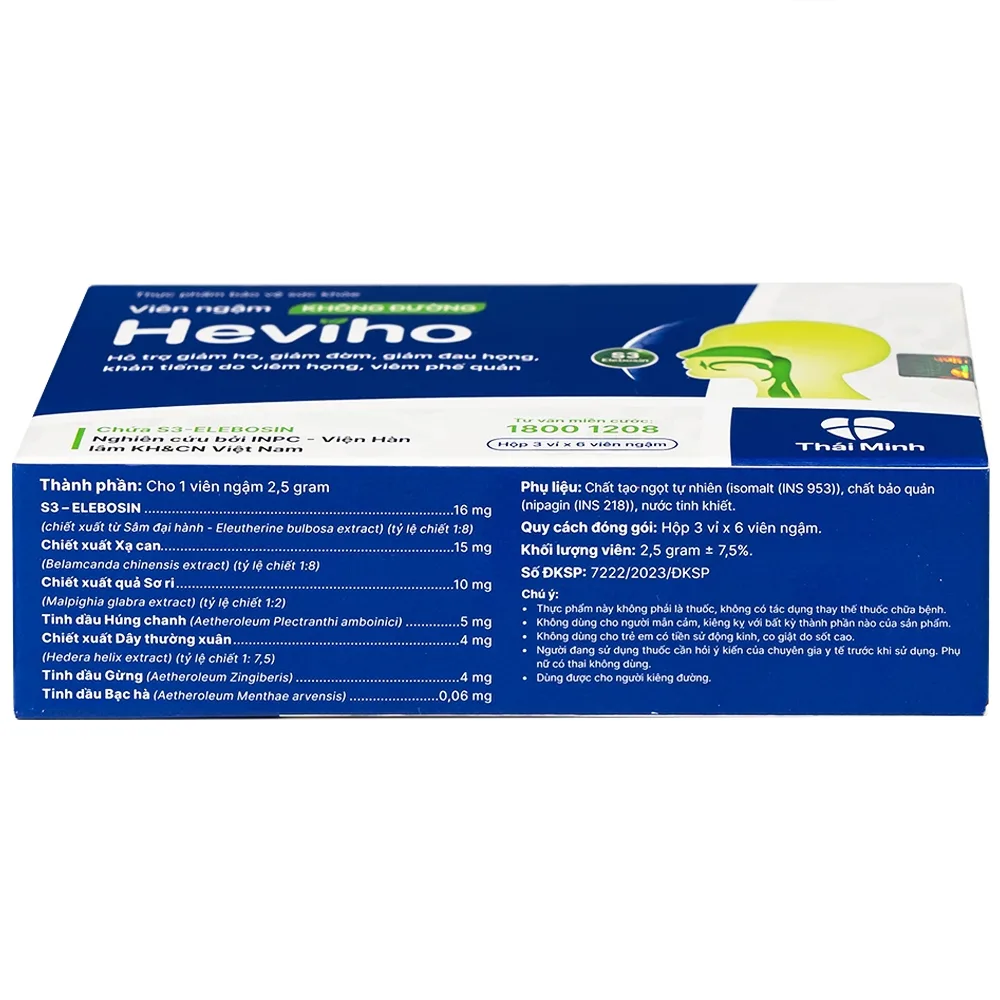 Hình ảnh Viên ngậm không đường Heviho Thái Minh hỗ trợ giảm ho, giảm đờm, giảm đau họng (3 vỉ x 6 viên)