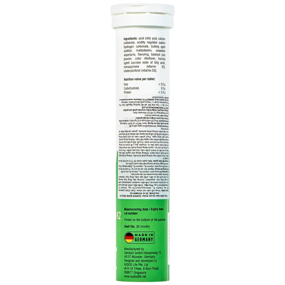 Hình ảnh Viên sủi Kudos Bone hương cam bổ sung canxi, vitamin K2, vitamin D3 cho cơ thể (20 viên)