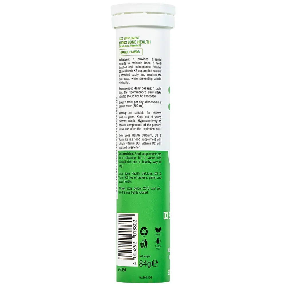Hình ảnh Viên sủi Kudos Bone hương cam bổ sung canxi, vitamin K2, vitamin D3 cho cơ thể (20 viên)