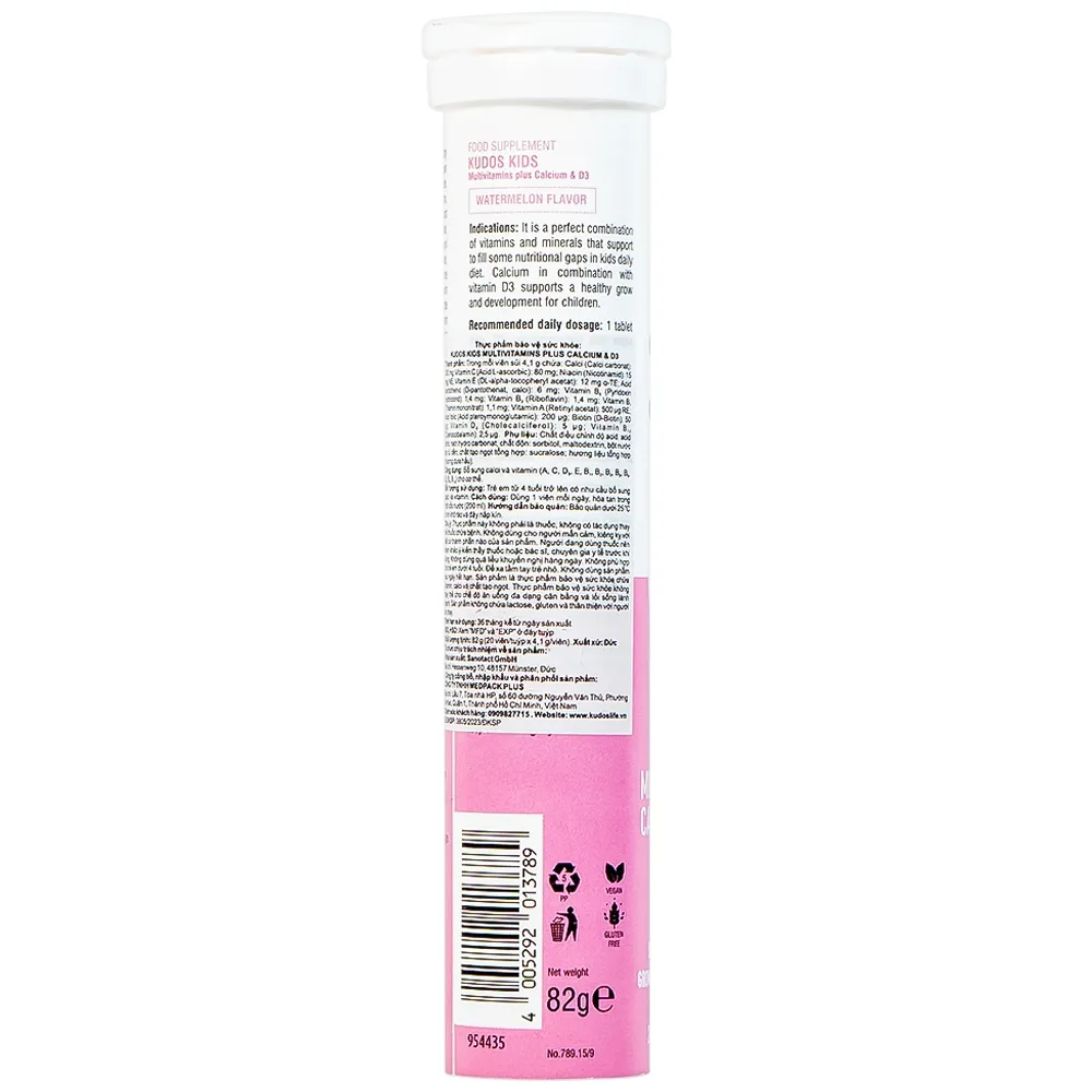 Hình ảnh Viên sủi Kudos Kids Multivitamins Plus Calcium & D3 hương dưa hấu giúp bổ sung calci và vitamin cho cơ thể (20 viên)