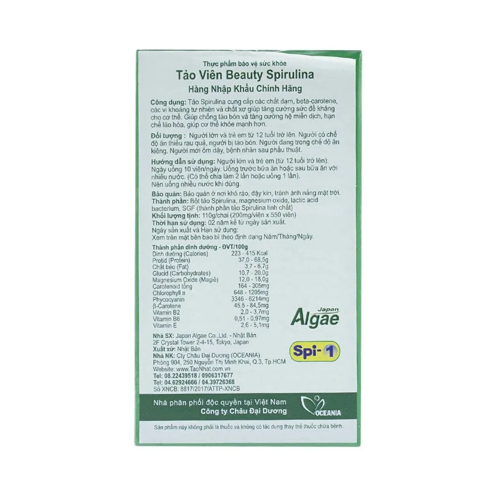 Hình ảnh Tảo viên Beauty Spirulina tăng sức đề kháng, chống táo bón (550 viên)
