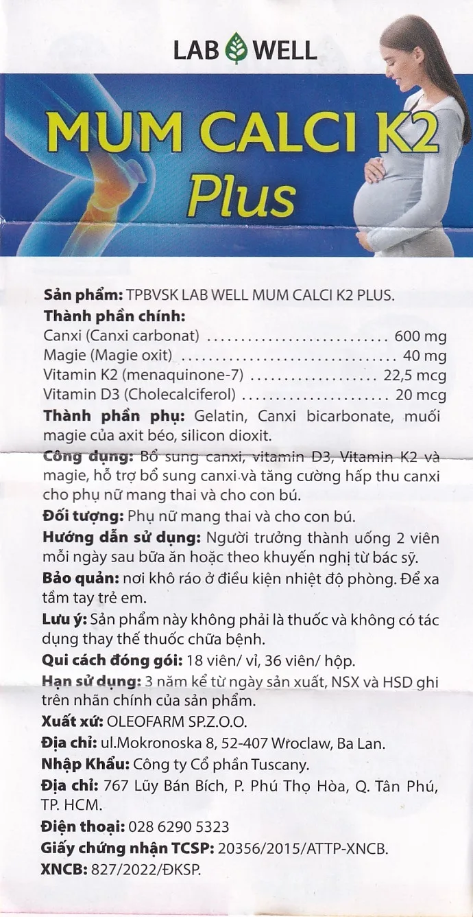 Hình ảnh Viên uống Mum Calci K2 Plus Lab Well bổ sung canxi cho phụ nữ mang thai và cho con bú (2 vỉ x 18 viên)
