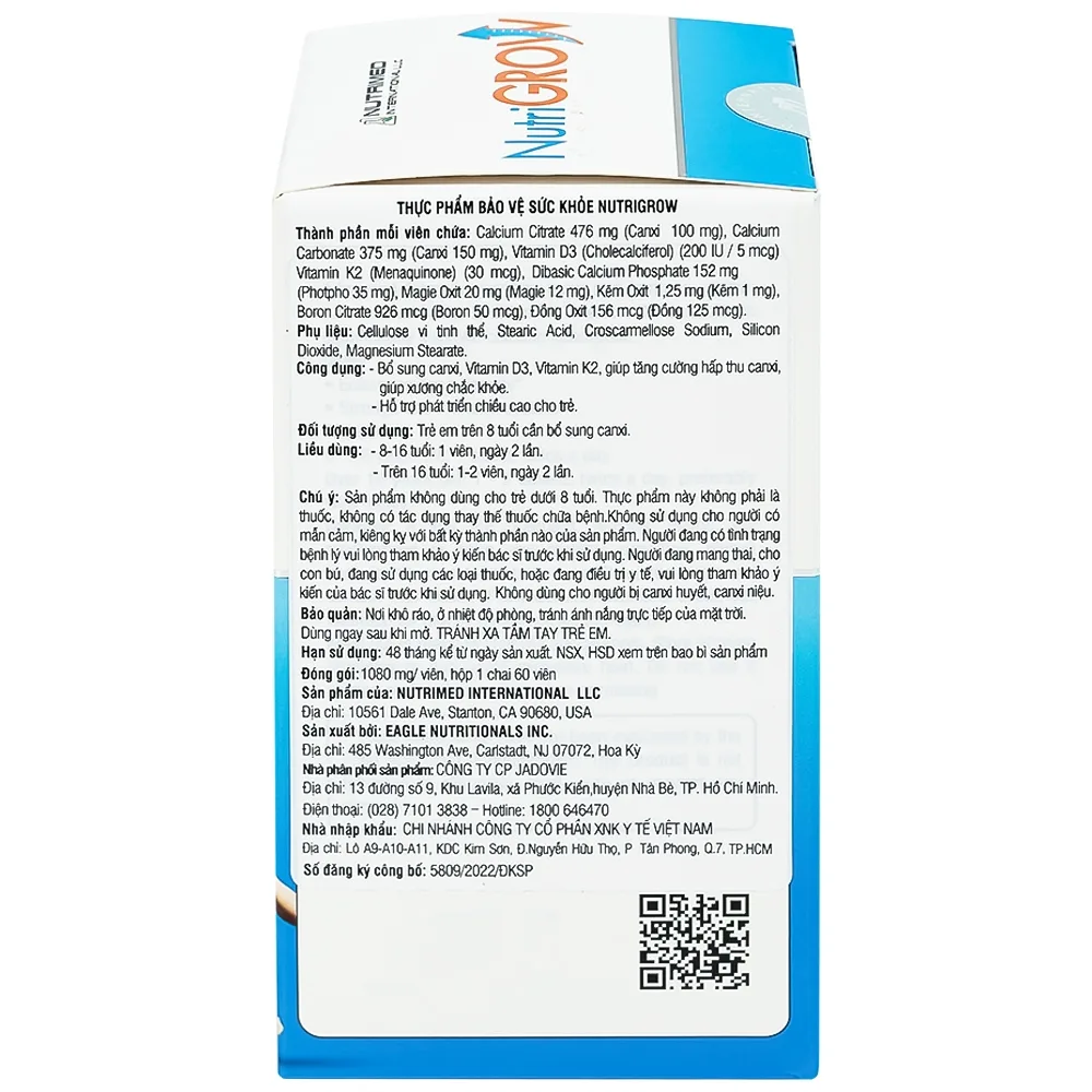 Hình ảnh Viên uống NutriGrow Nutrimed bổ sung canxi, vitamin D3, vitamin K2, hấp thu canxi (60 viên)
