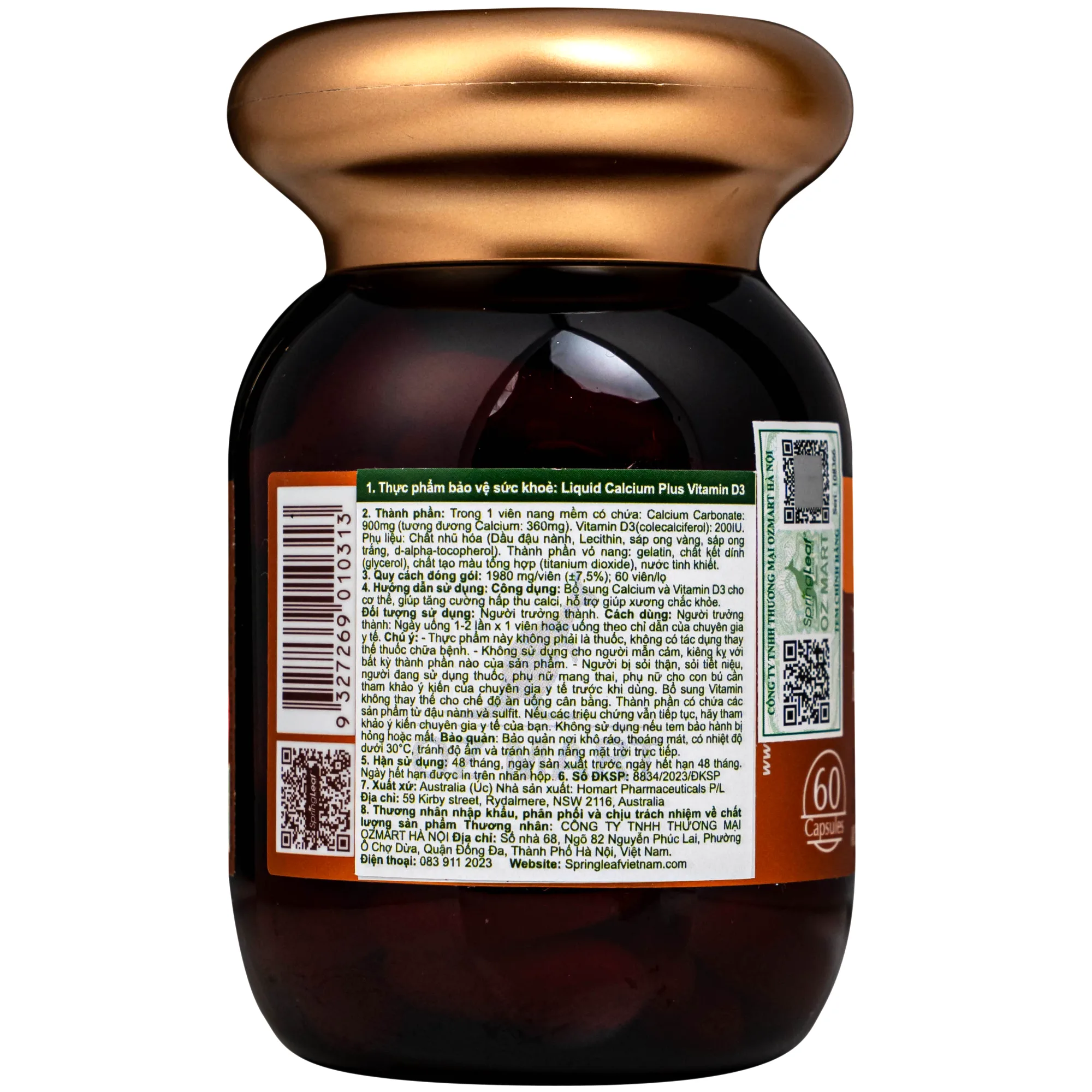 Hình ảnh Viên uống bổ sung Canxi và Vitamin D3 giúp tăng cường hấp thu canxi, giúp xương chắc khoẻ Spring Leaf Liquid Calcium Plus Vitamin D3 (Lọ 60 viên)