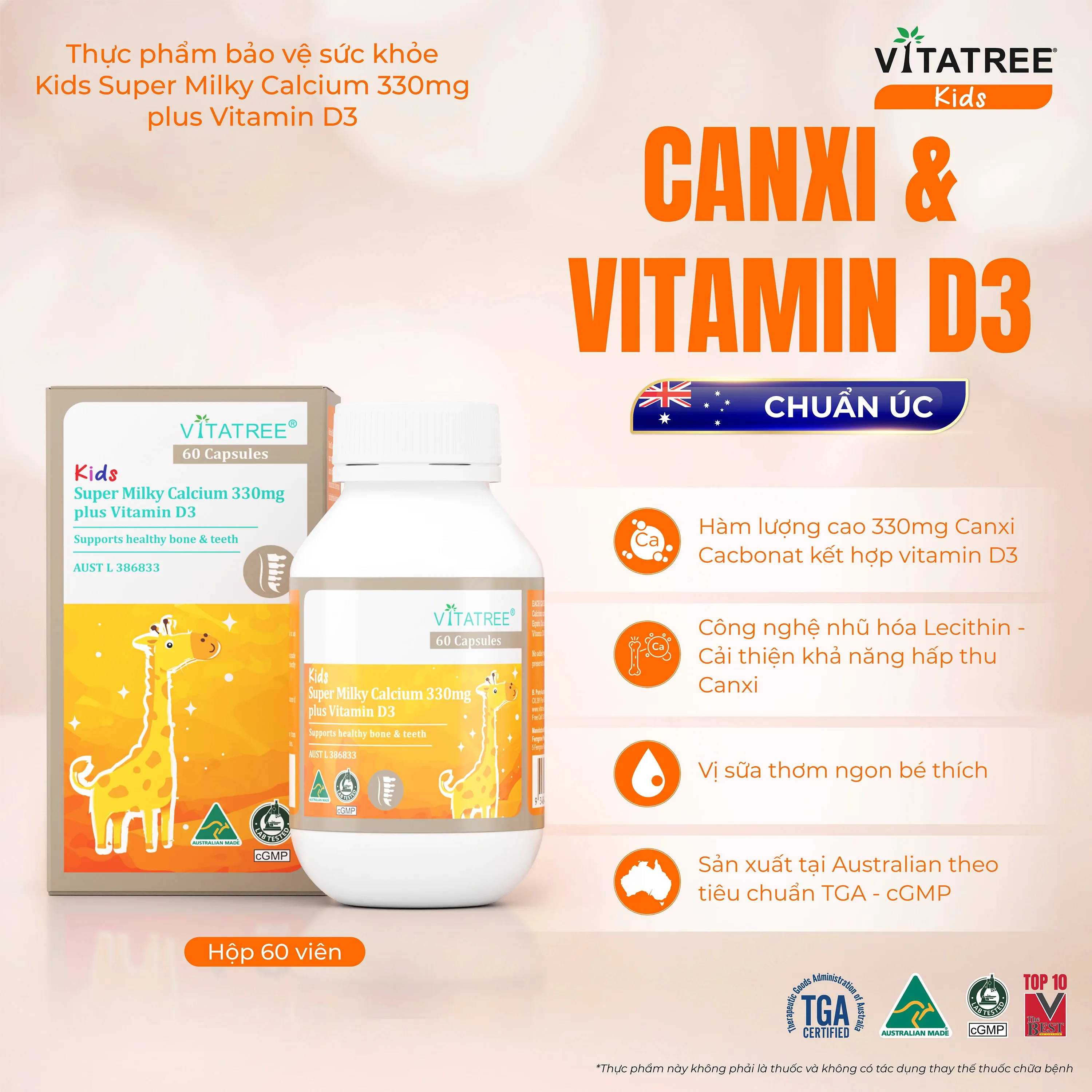 Hình ảnh Viên uống bổ sung canxi, Vitamin D3, giúp xương răng chắc khoẻ Vitatree Kids Super Milky Calcium 330mg plus Vitamin D3 (Hộp 60 viên)