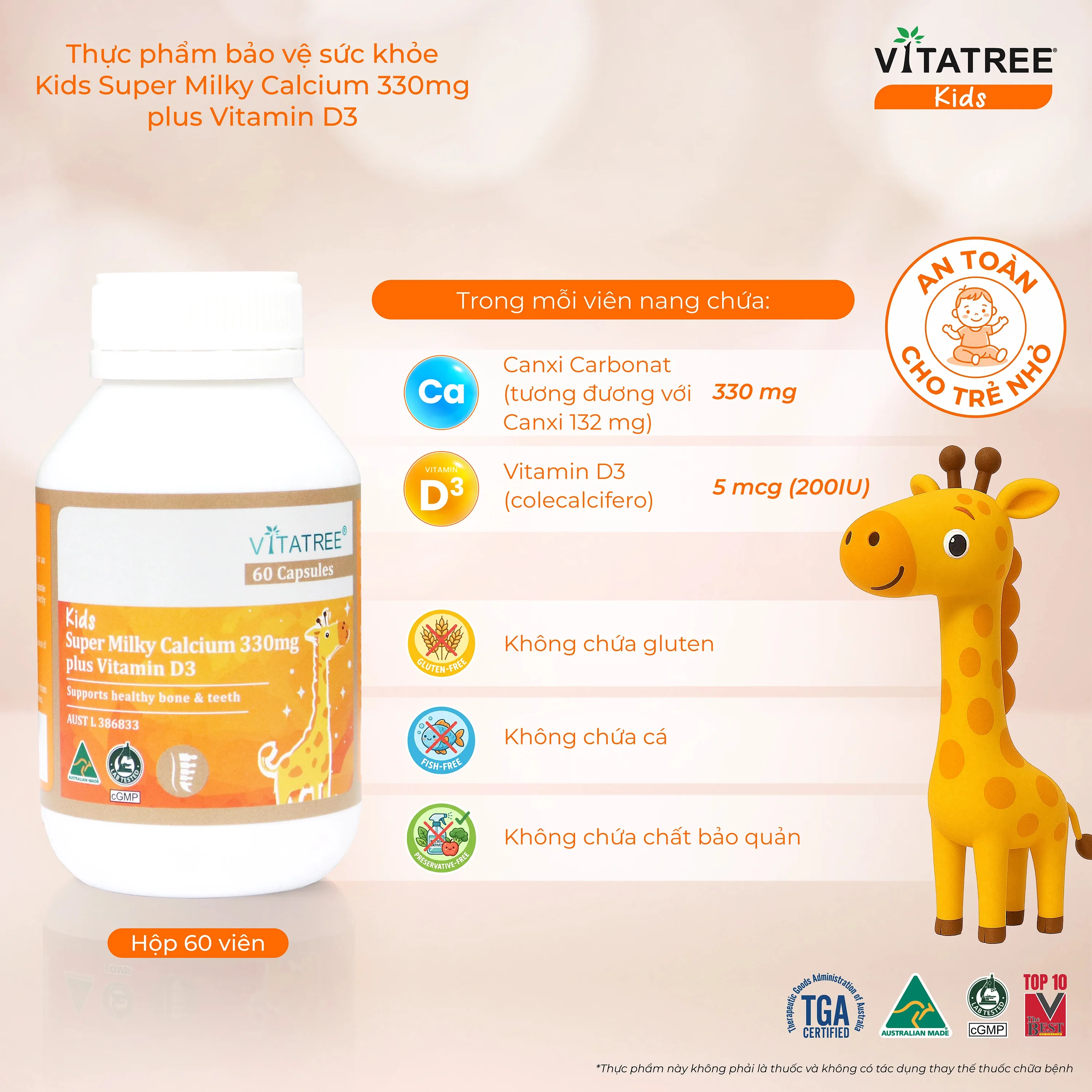Hình ảnh Viên uống bổ sung canxi, Vitamin D3, giúp xương răng chắc khoẻ Vitatree Kids Super Milky Calcium 330mg plus Vitamin D3 (Hộp 60 viên)