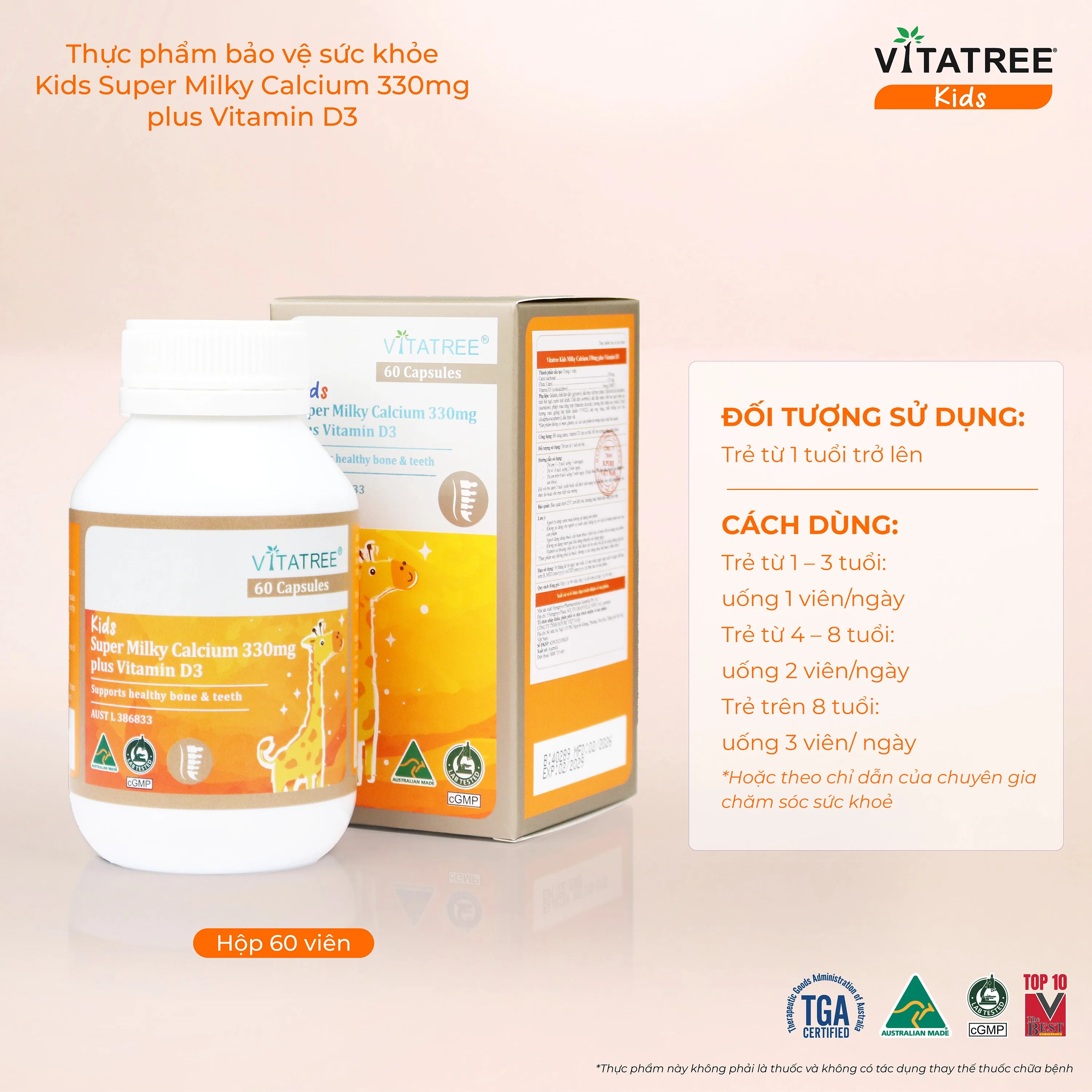Hình ảnh Viên uống bổ sung canxi, Vitamin D3, giúp xương răng chắc khoẻ Vitatree Kids Super Milky Calcium 330mg plus Vitamin D3 (Hộp 60 viên)