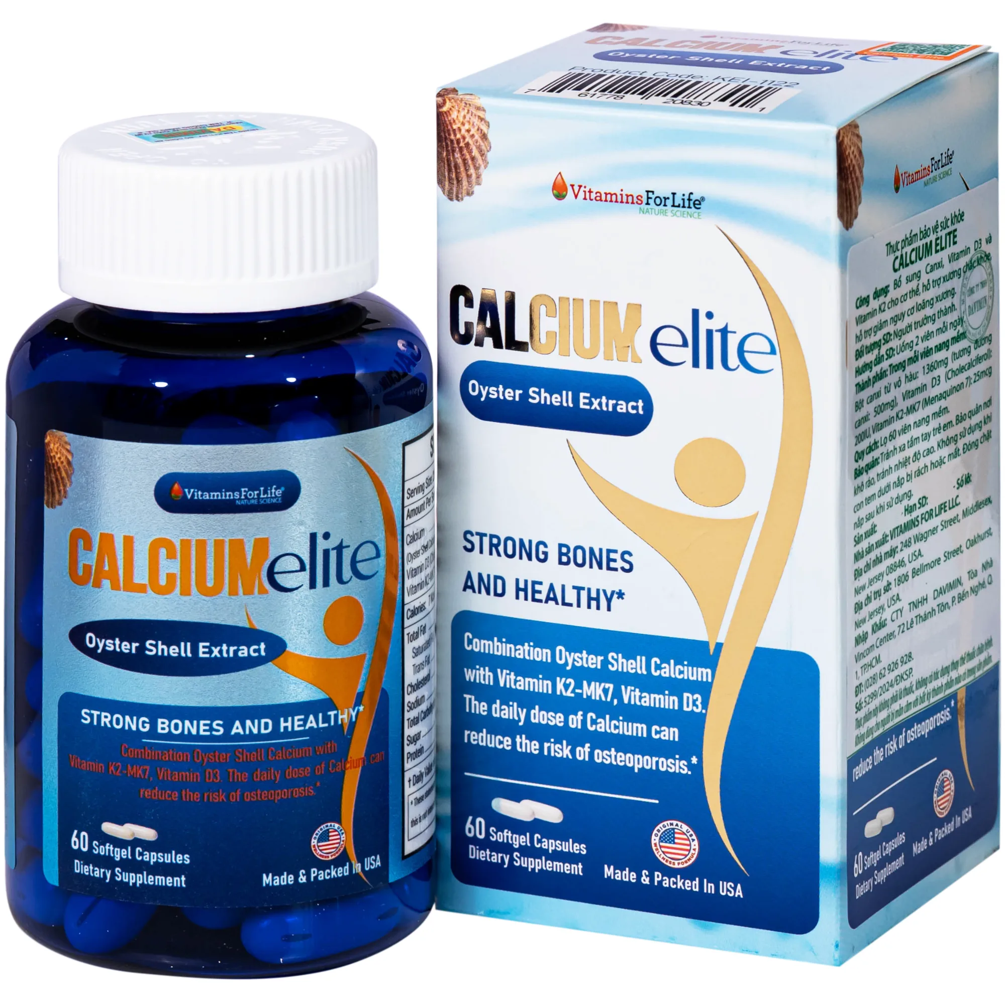 Hình ảnh Viên uống bổ sung canxi, Vitamin D3 và Vitamin K2 cho cơ thể, hỗ trợ xương chắc khoẻ CalciumElite Vitamins For Life (Hộp 60 viên)