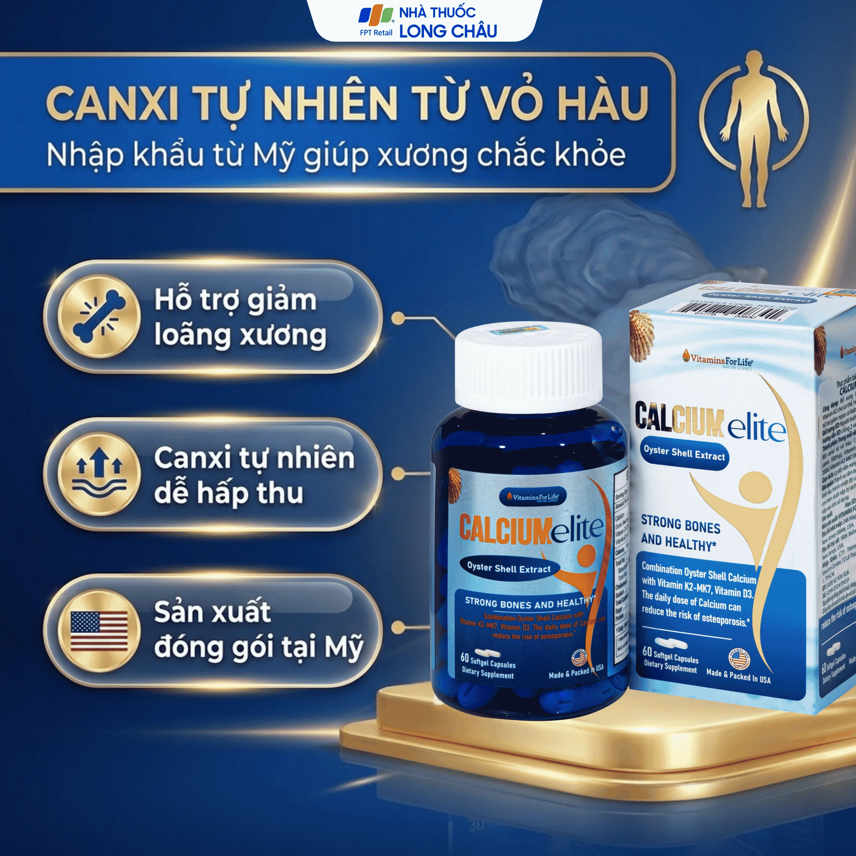 Hình ảnh Viên uống bổ sung canxi, Vitamin D3 và Vitamin K2 cho cơ thể, hỗ trợ xương chắc khoẻ CalciumElite Vitamins For Life (Hộp 60 viên)