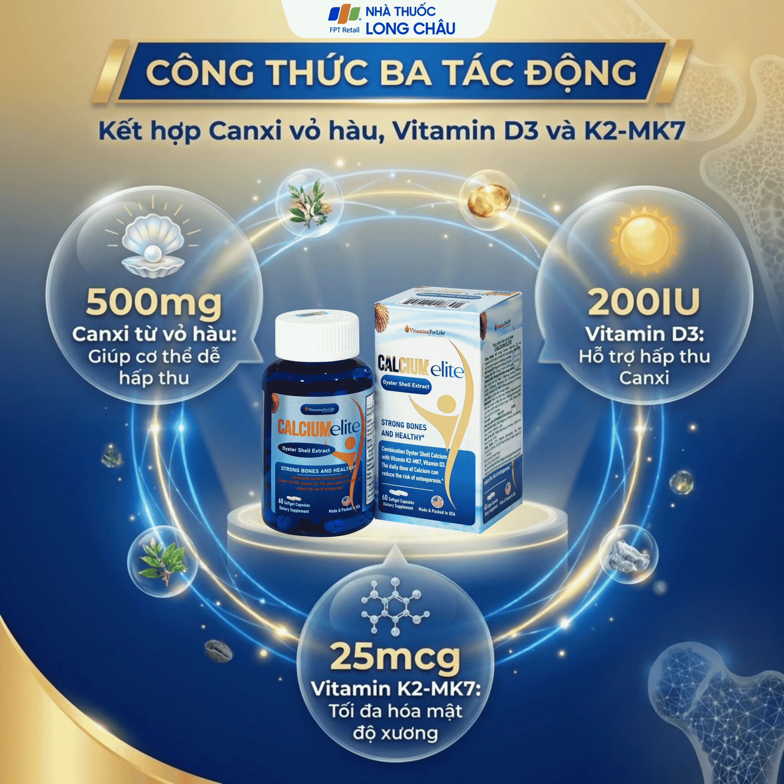 Hình ảnh Viên uống bổ sung canxi, Vitamin D3 và Vitamin K2 cho cơ thể, hỗ trợ xương chắc khoẻ CalciumElite Vitamins For Life (Hộp 60 viên)
