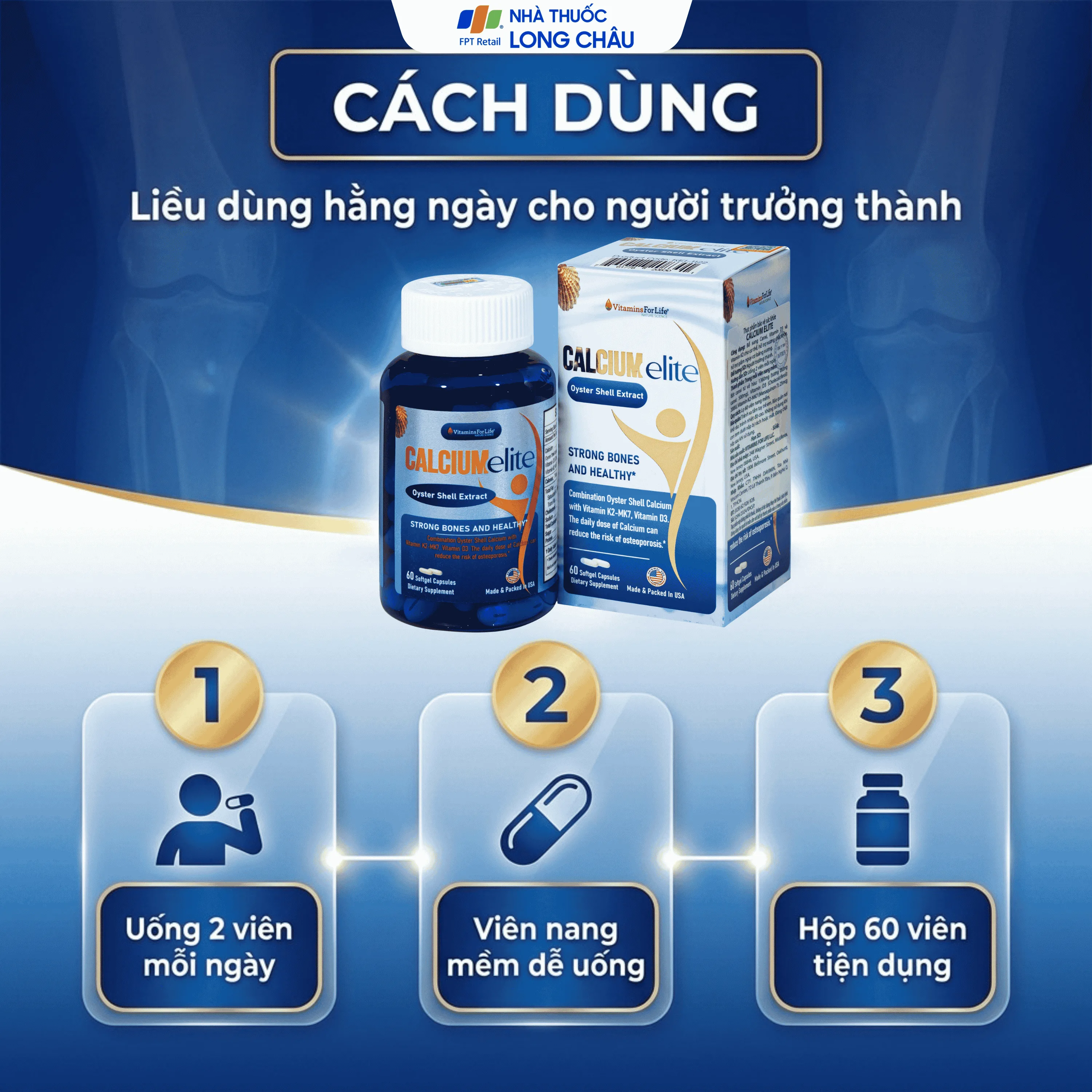 Hình ảnh Viên uống bổ sung canxi, Vitamin D3 và Vitamin K2 cho cơ thể, hỗ trợ xương chắc khoẻ CalciumElite Vitamins For Life (Hộp 60 viên)