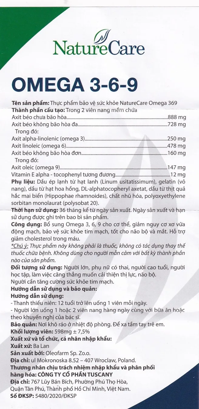 Hình ảnh Viên nang mềm NatureCare Omega 369 bổ sung Omega, giảm nguy cơ xơ vữa động mạch (6 vỉ x 20 viên)