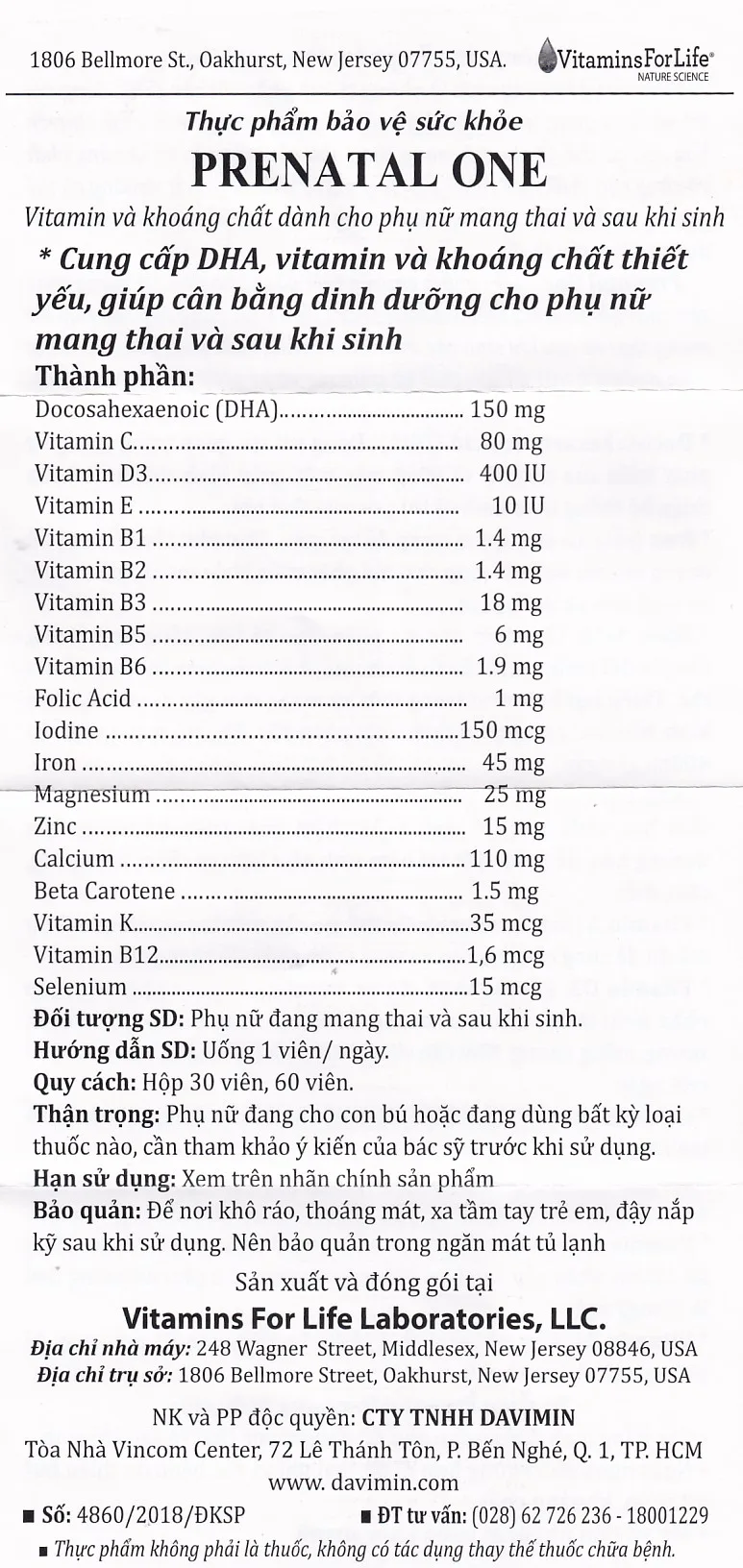 Hình ảnh Viên uống bổ sung vitamin và khoáng chất cho phụ nữ mang thai và sau sinh Prenatal One Vitamins For Life (60 viên)