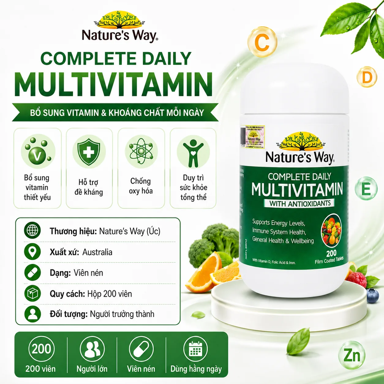 Hình ảnh Viên uống bổ sung Vitamin và khoáng chất, giúp tăng đề kháng Nature's Way Complete Daily Multivitamin(Hộp 200 viên)