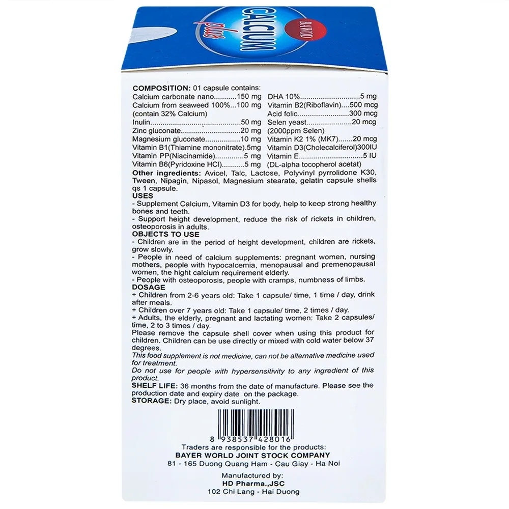 Hình ảnh Viên uống Bawod Calcium Plus bổ sung canxi, vitamin D3 giúp răng, xương chắc khỏe (60 viên)