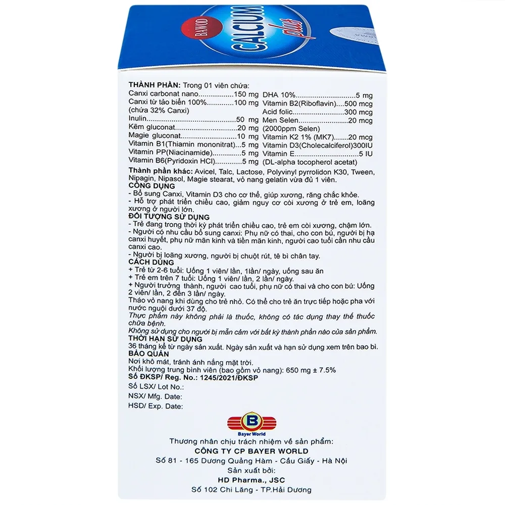 Hình ảnh Viên uống Bawod Calcium Plus bổ sung canxi, vitamin D3 giúp răng, xương chắc khỏe (60 viên)