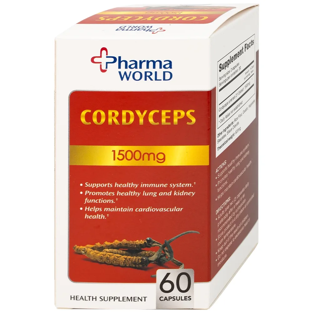 Hình ảnh Viên uống Đông Trùng Hạ Thảo Pharma World Cordyceps 1500mg hỗ trợ tốt cho phổi và thận (60 viên)