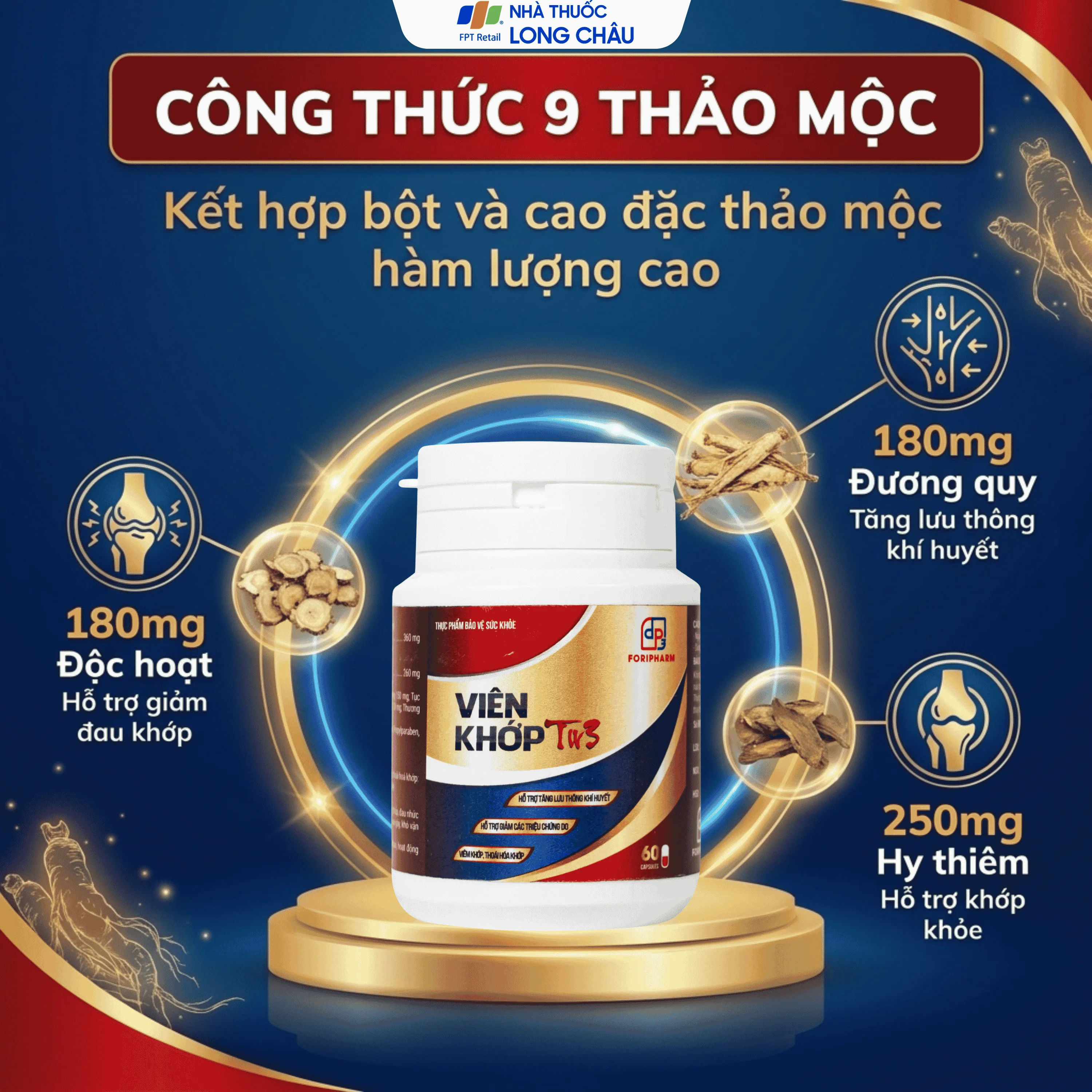 Hình ảnh Viên uống hỗ trợ tăng lưu thông khí huyết, giảm triệu chứng do viêm khớp, thoái hoá khớp viên khớp Tw3 Foripharm (Hộp 60 viên)