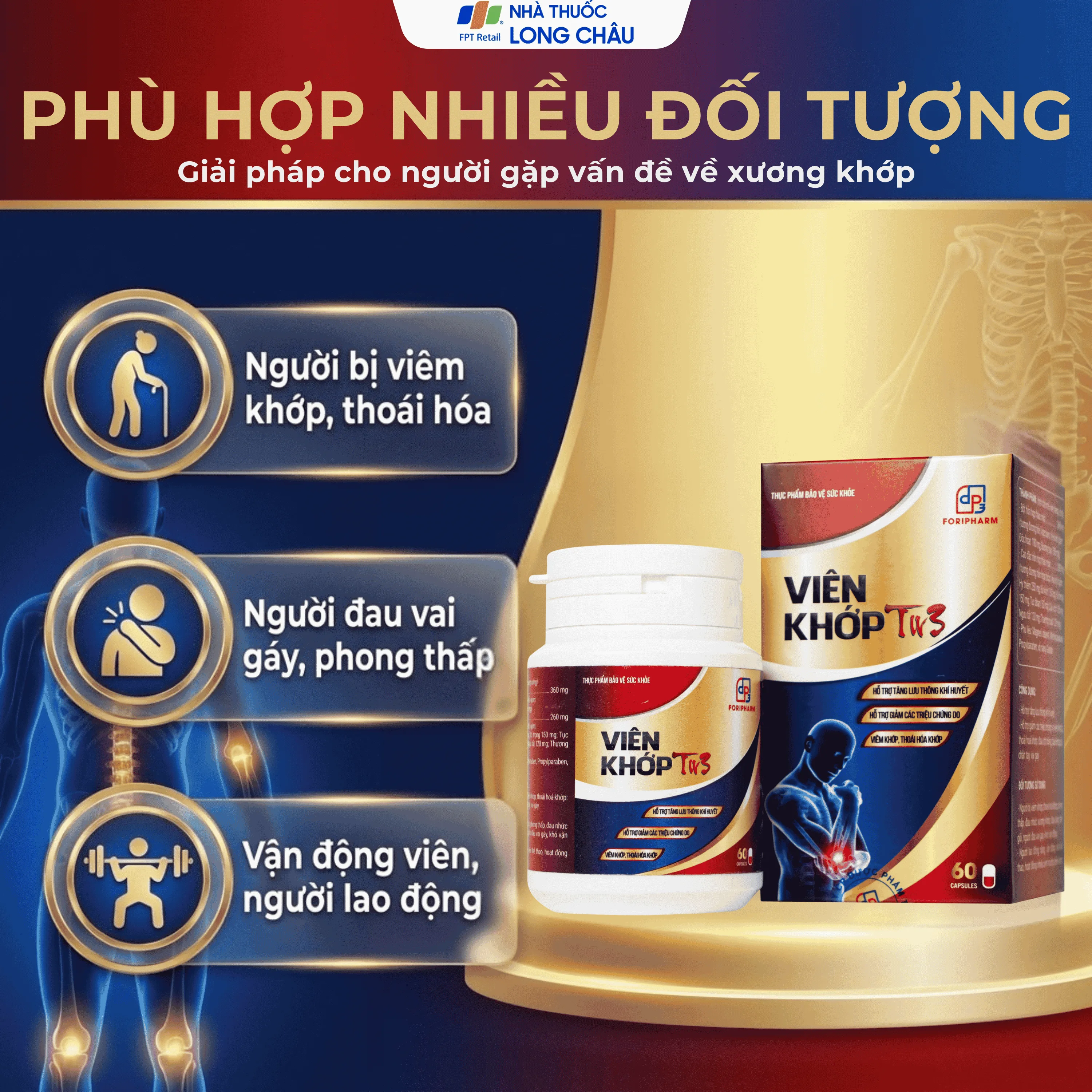 Hình ảnh Viên uống hỗ trợ tăng lưu thông khí huyết, giảm triệu chứng do viêm khớp, thoái hoá khớp viên khớp Tw3 Foripharm (Hộp 60 viên)