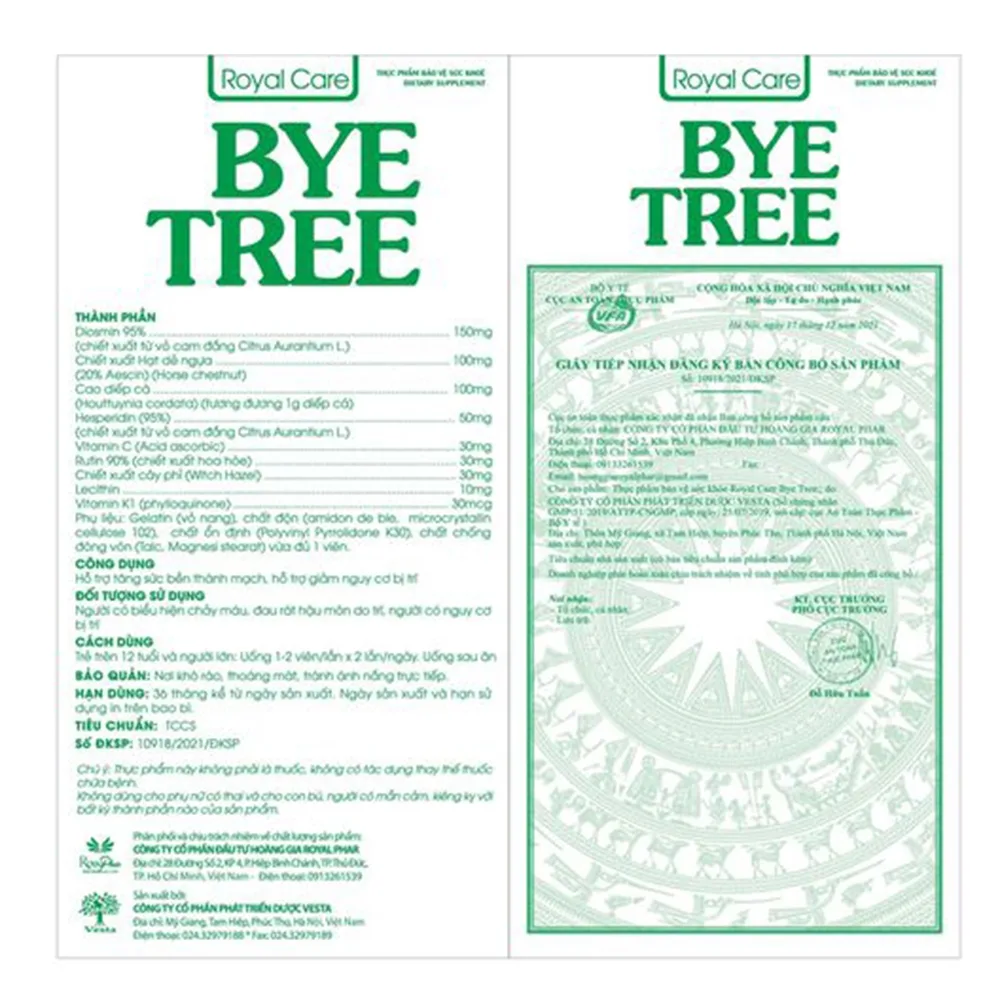 Hình ảnh Viên uống Bye Tree Royal Care hỗ trợ tăng sức bền thành mạch, giảm nguy cơ bị trĩ (60 viên)