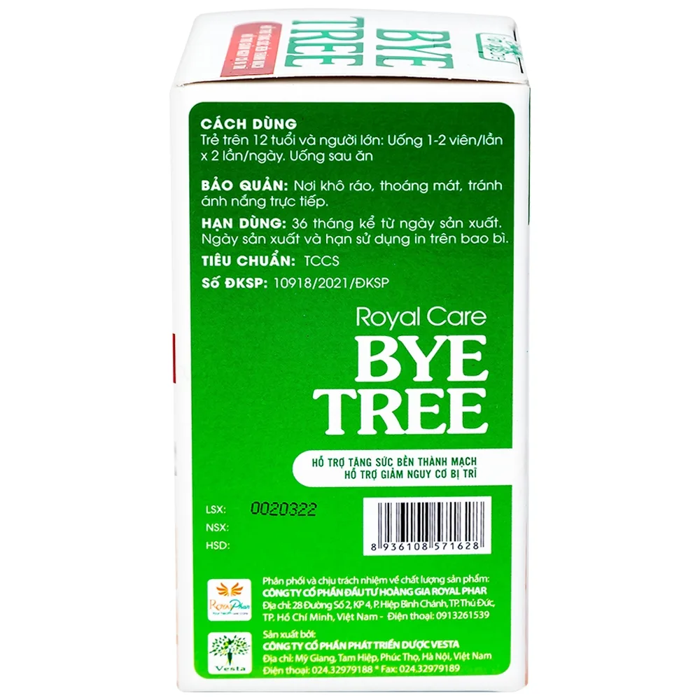 Hình ảnh Viên uống Bye Tree Royal Care hỗ trợ tăng sức bền thành mạch, giảm nguy cơ bị trĩ (60 viên)