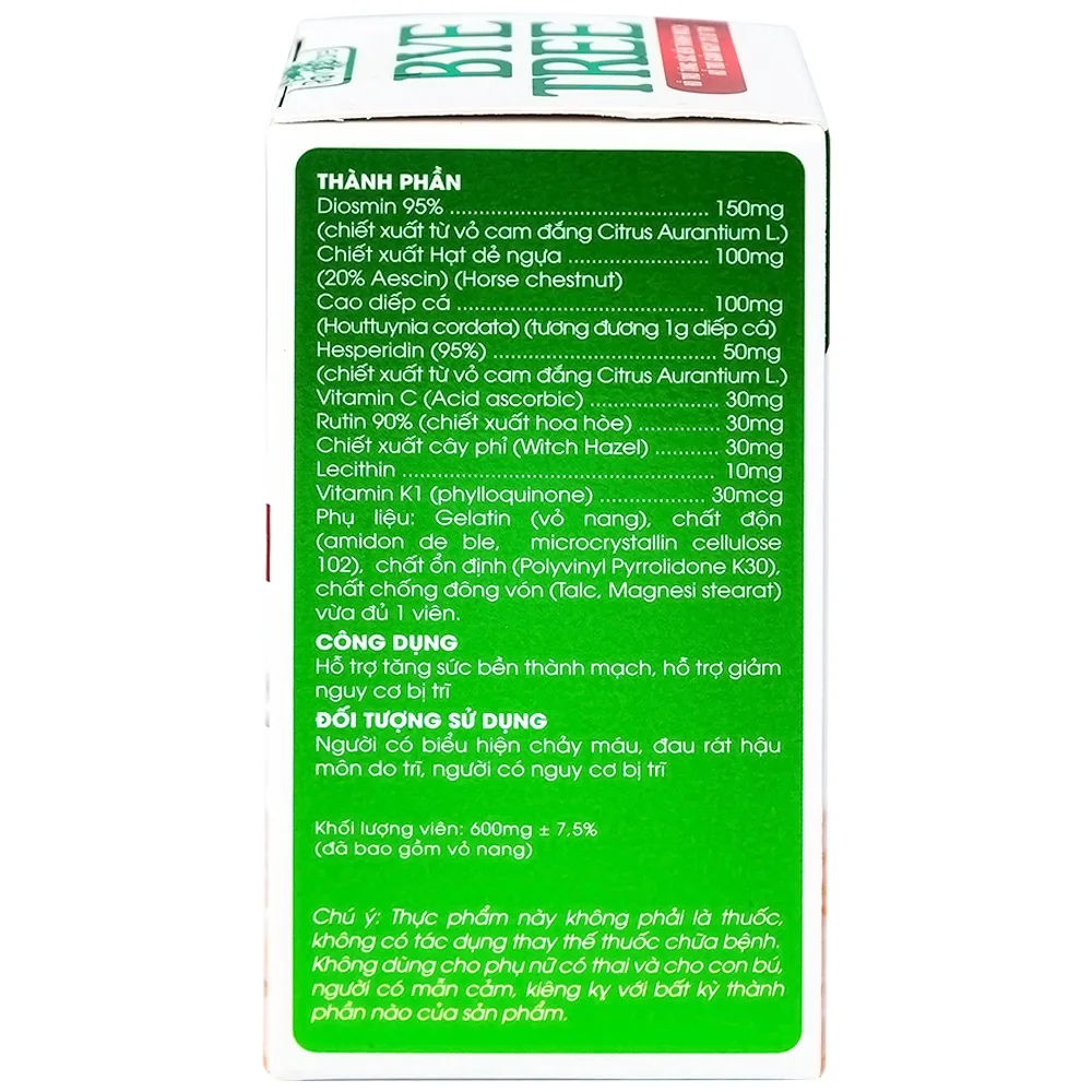 Hình ảnh Viên uống Bye Tree Royal Care hỗ trợ tăng sức bền thành mạch, giảm nguy cơ bị trĩ (60 viên)
