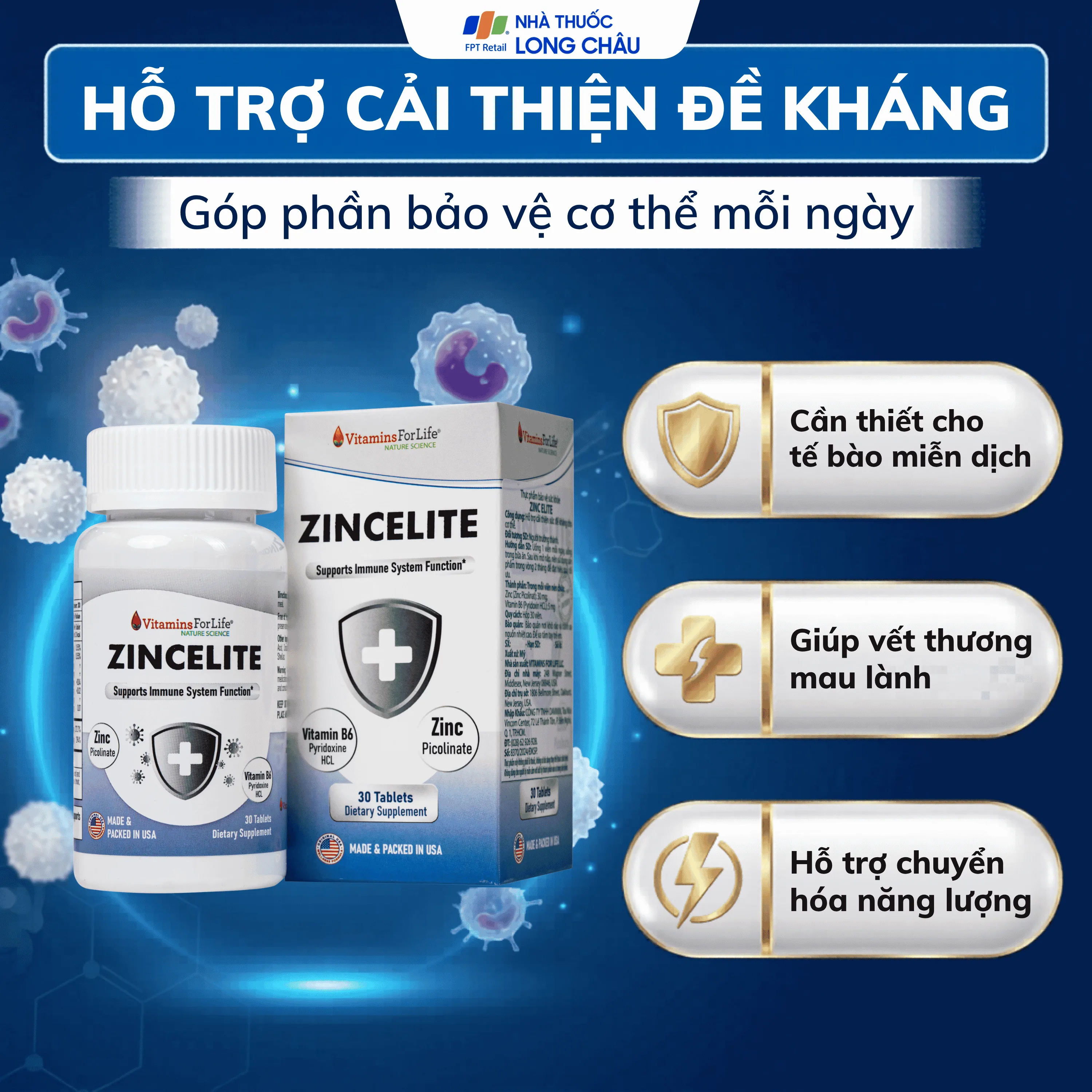 Hình ảnh Viên uống hỗ trợ cải thiện sức đề kháng cho cơ thể ZINCELITE Vitamins For Life (Hộp 30 viên)
