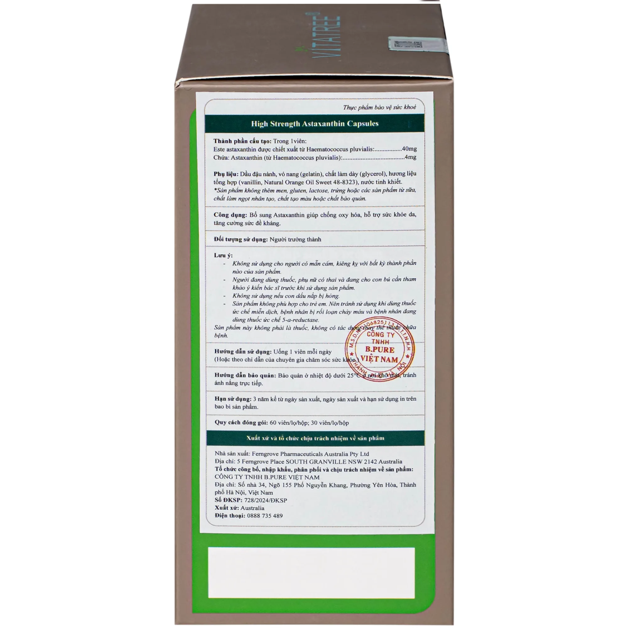 Hình ảnh Viên uống hỗ trợ chống oxy hoá, hỗ trợ sức khoẻ da, tăng cường sức đề kháng Vitatree High Strength Astaxanthin (Hộp 60 viên)
