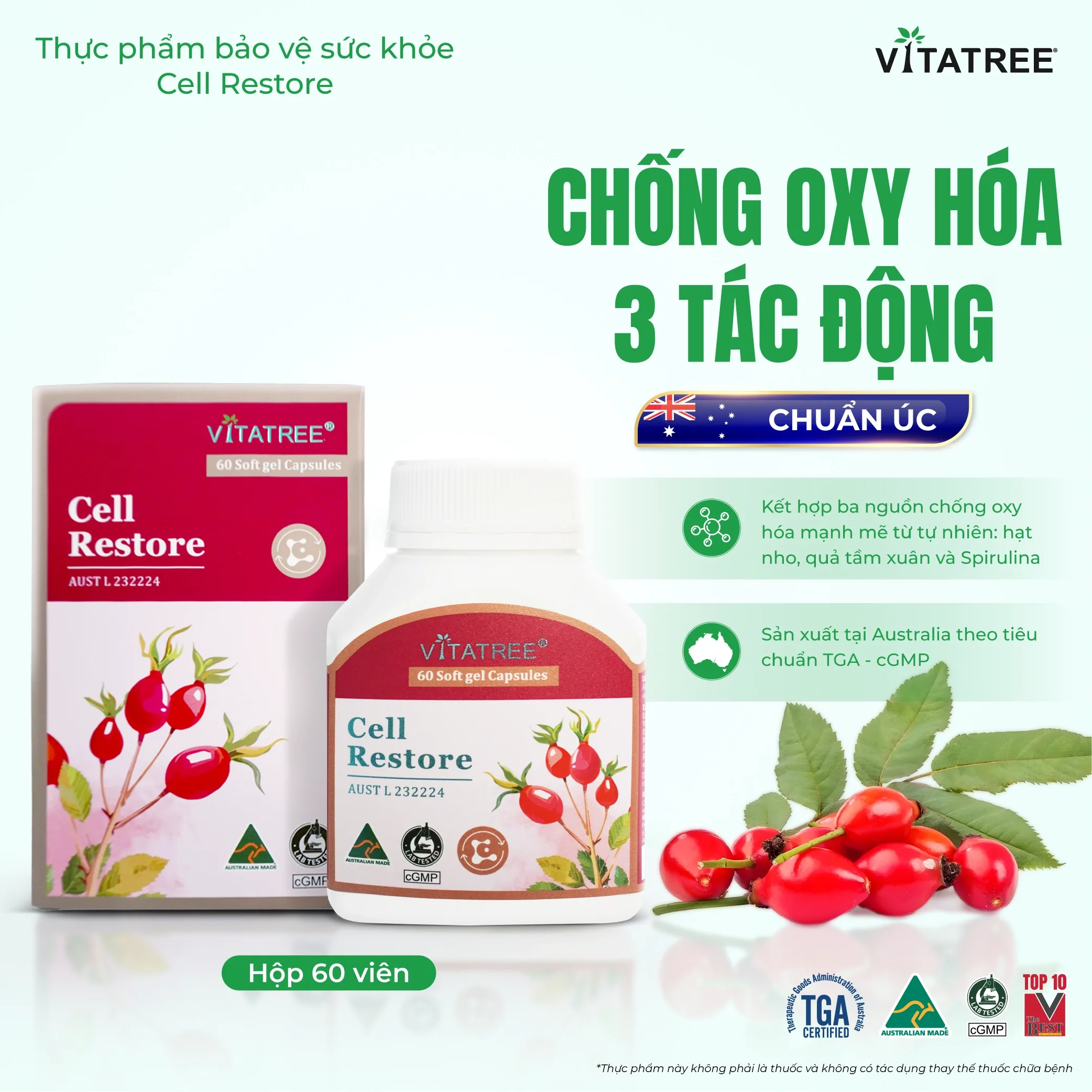 Hình ảnh Viên uống hỗ trợ chống oxy hoá, hỗ trợ duy trì sức khoẻ, tốt cho mắt Vitatree Cell Restore (Hộp 60 viên)