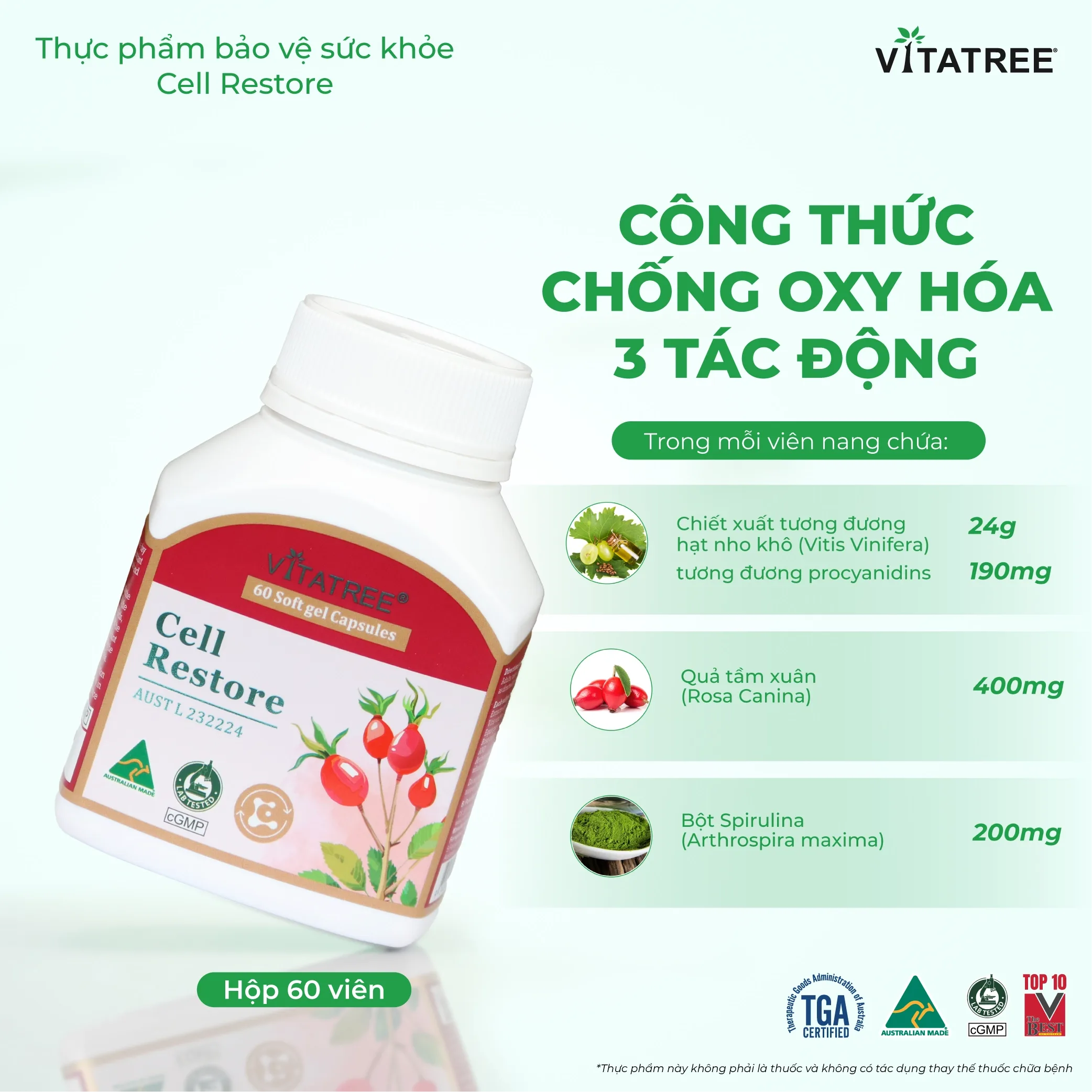 Hình ảnh Viên uống hỗ trợ chống oxy hoá, hỗ trợ duy trì sức khoẻ, tốt cho mắt Vitatree Cell Restore (Hộp 60 viên)