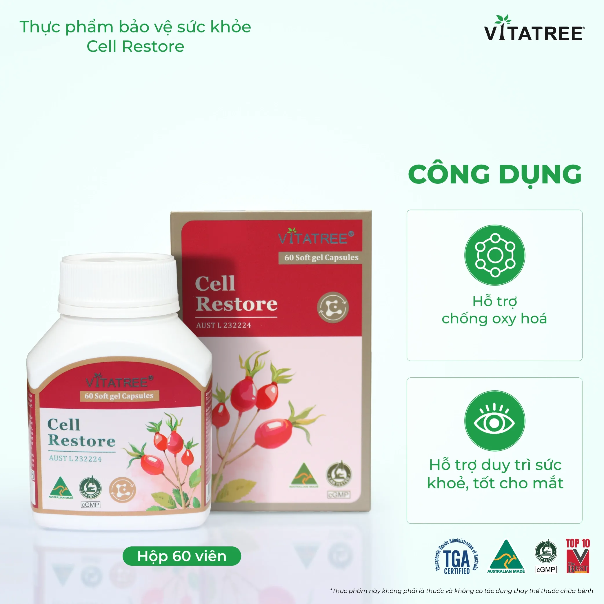 Hình ảnh Viên uống hỗ trợ chống oxy hoá, hỗ trợ duy trì sức khoẻ, tốt cho mắt Vitatree Cell Restore (Hộp 60 viên)