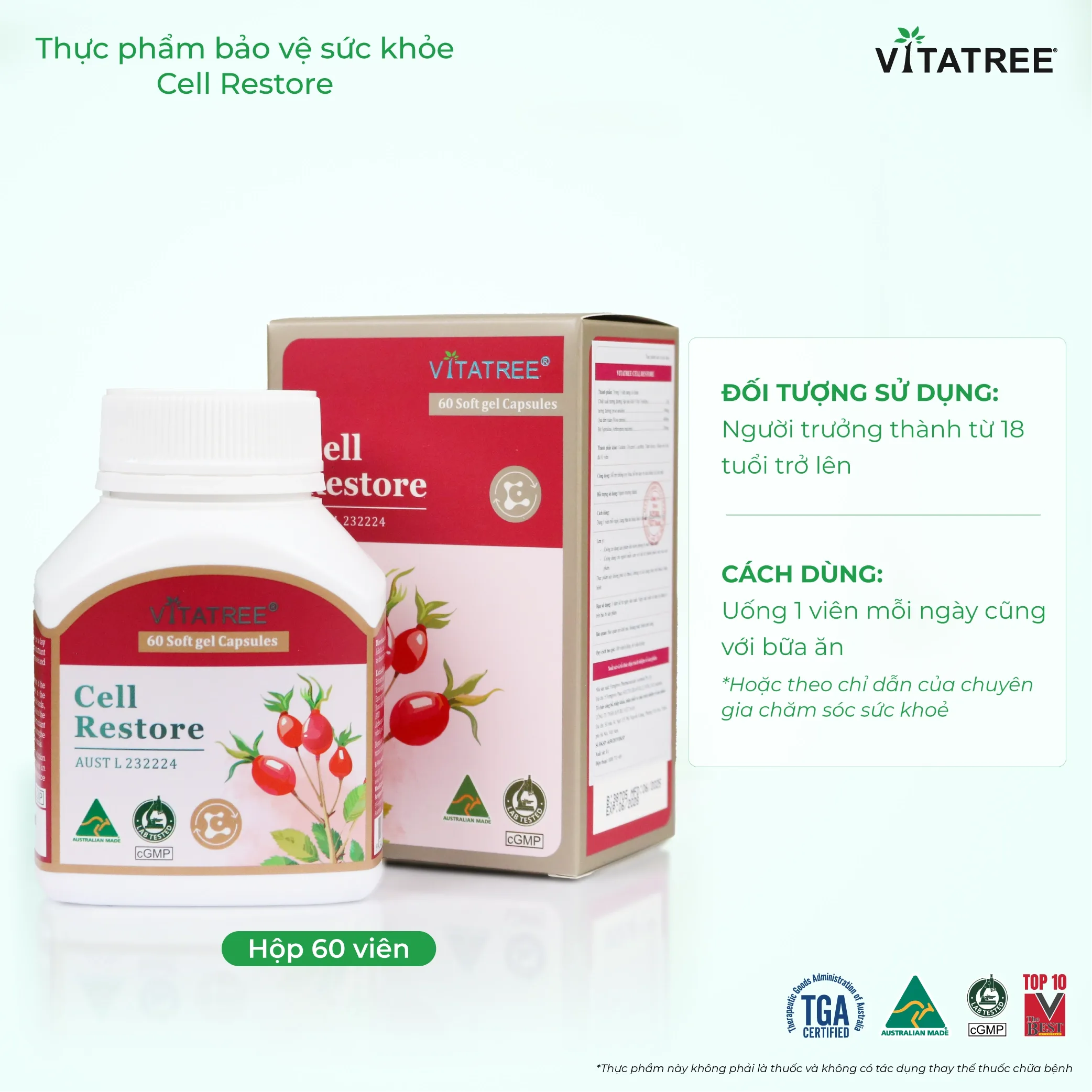 Hình ảnh Viên uống hỗ trợ chống oxy hoá, hỗ trợ duy trì sức khoẻ, tốt cho mắt Vitatree Cell Restore (Hộp 60 viên)
