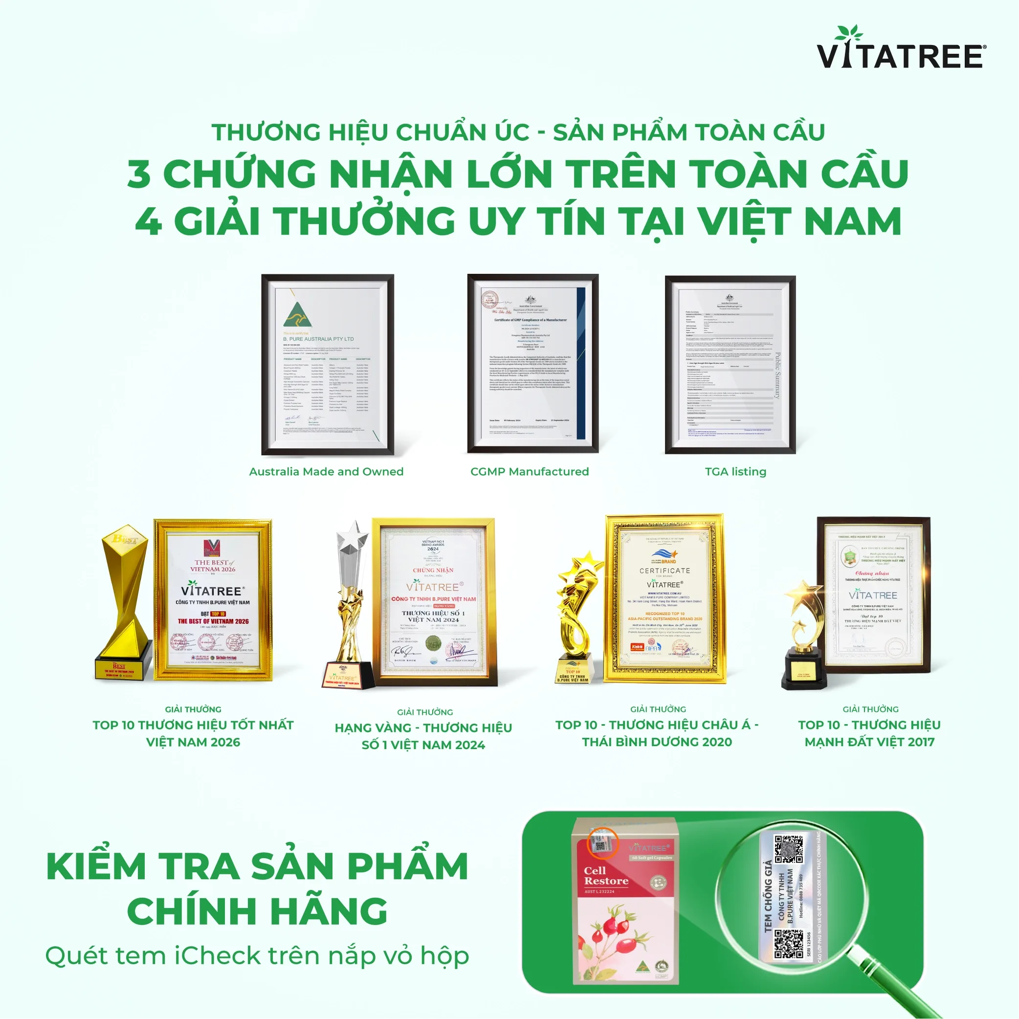 Hình ảnh Viên uống hỗ trợ chống oxy hoá, hỗ trợ duy trì sức khoẻ, tốt cho mắt Vitatree Cell Restore (Hộp 60 viên)