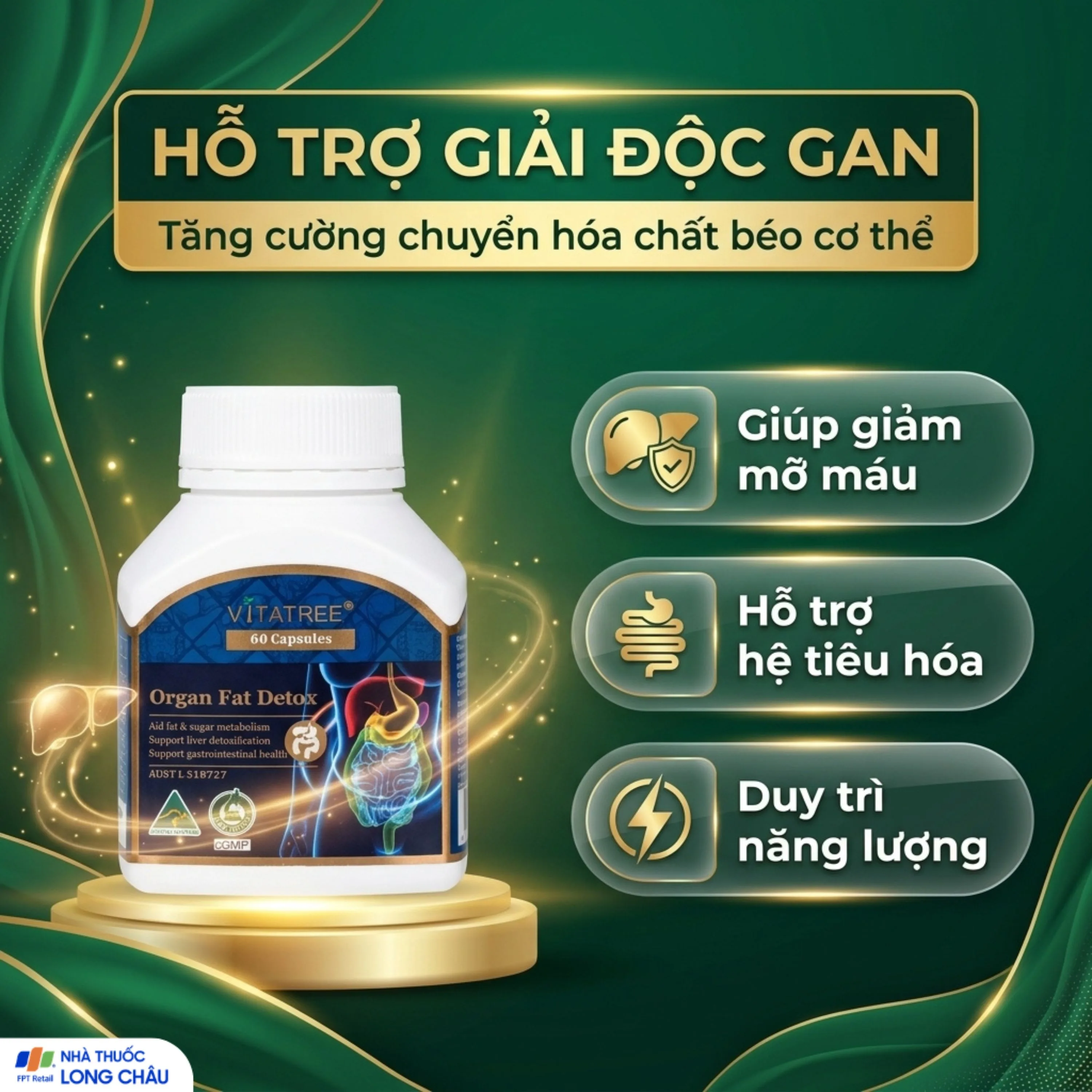 Hình ảnh Viên uống hỗ trợ giải độc gan, tăng cường chuyển hoá chất béo, giúp giảm mỡ máu Vitatree Organ Fat Detox (Hộp 60 viên)