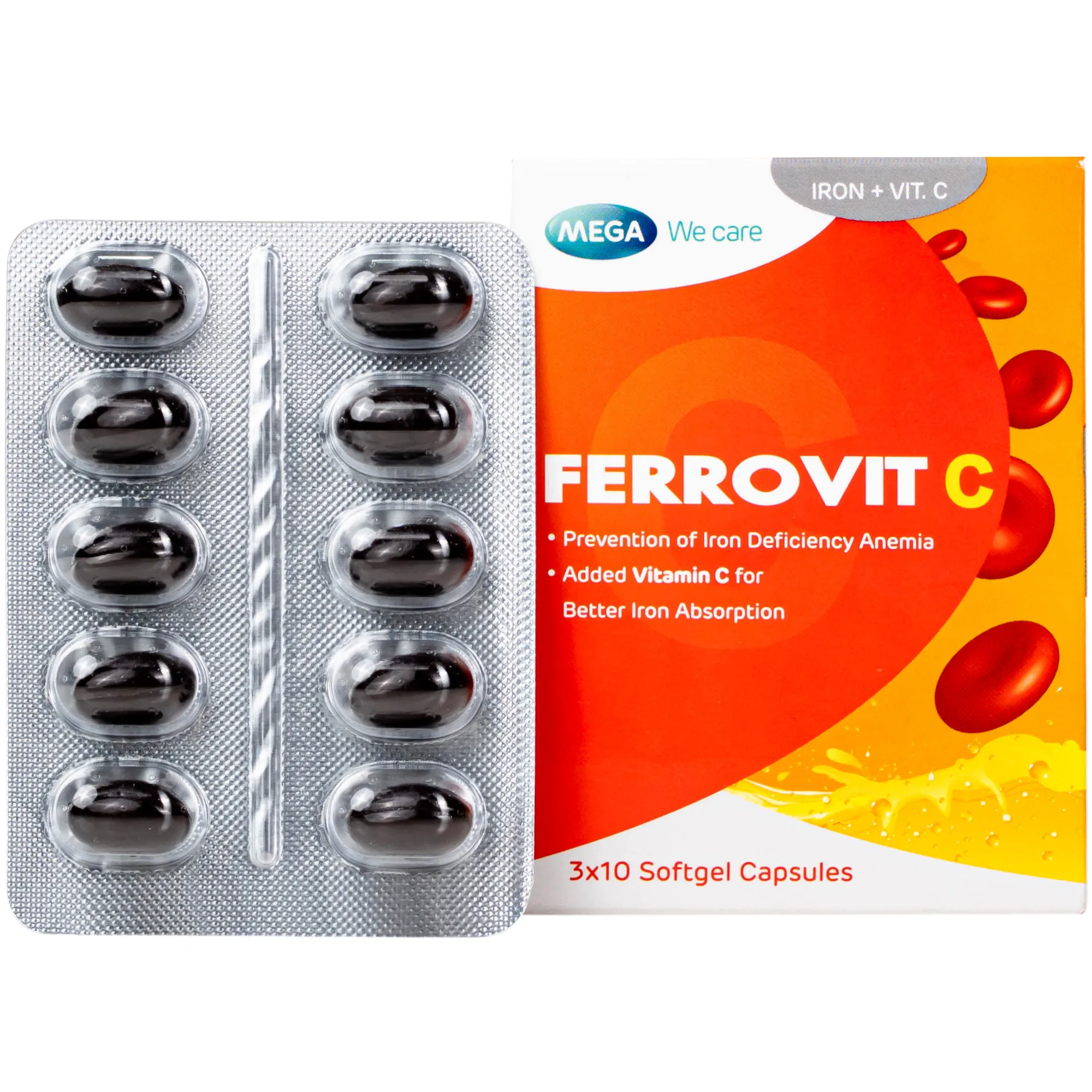 Hình ảnh Viên uống hỗ trợ giảm nguy cơ thiếu máu do thiếu sắt Ferrovit C Mega (3 vỉ x 10 viên)