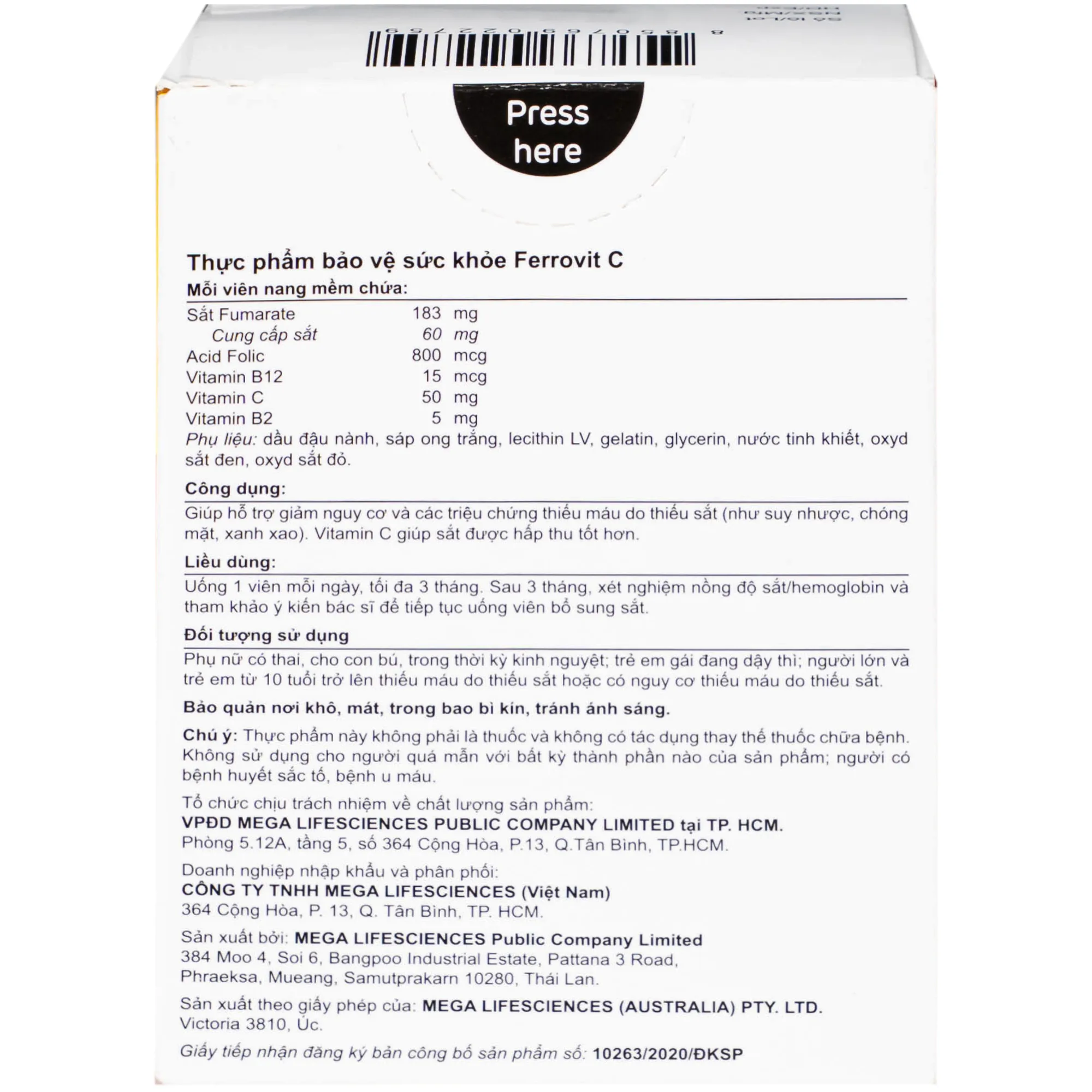 Hình ảnh Viên uống hỗ trợ giảm nguy cơ thiếu máu do thiếu sắt Ferrovit C Mega (3 vỉ x 10 viên)
