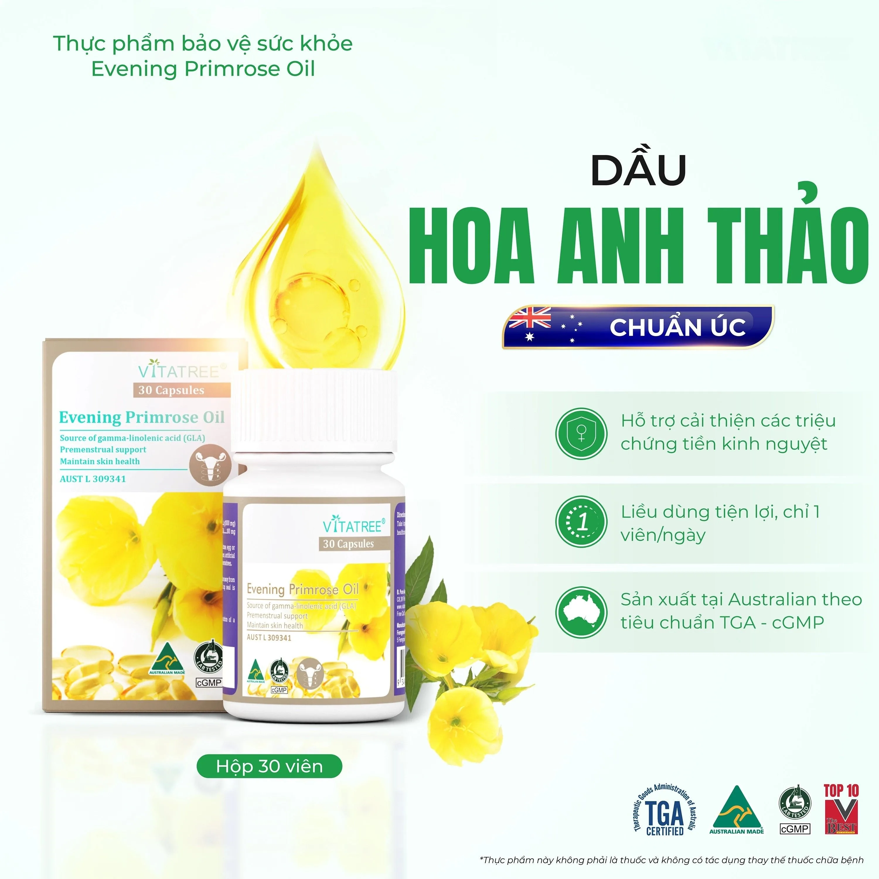 Hình ảnh Viên uống hỗ trợ giảm triệu chứng của tiền kinh nguyệt Vitatree Evening Primrose Oil (Hộp 30 viên)