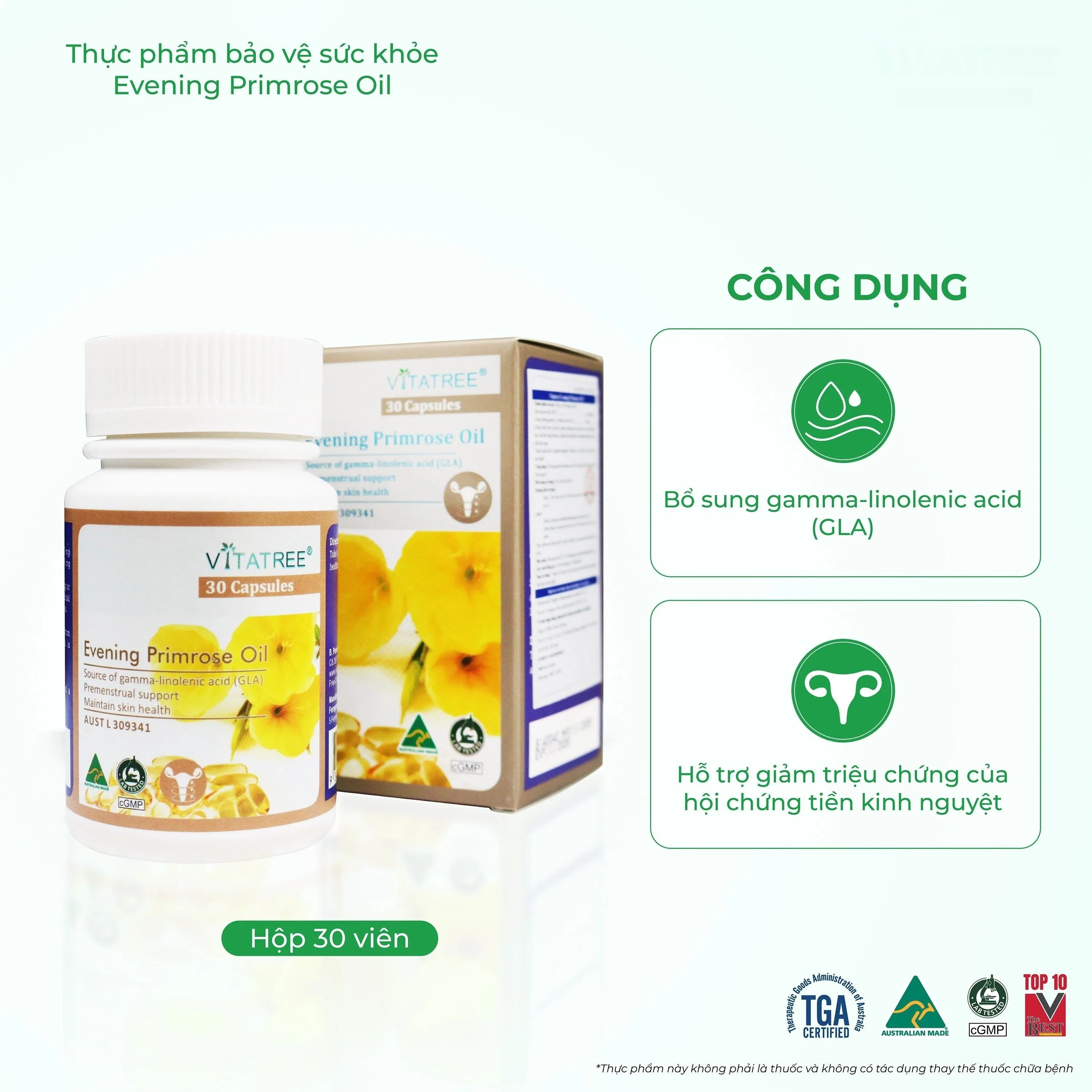 Hình ảnh Viên uống hỗ trợ giảm triệu chứng của tiền kinh nguyệt Vitatree Evening Primrose Oil (Hộp 30 viên)