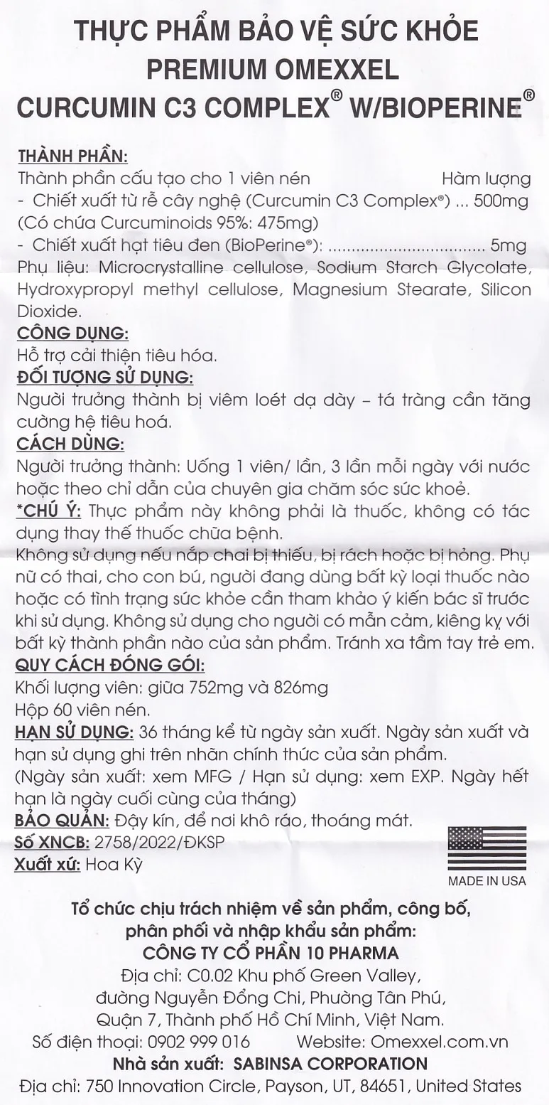 Hình ảnh Viên uống Premium Omexxel Curcumin C3 Complex W/Bioperine hỗ trợ cải thiện tiêu hóa (60 viên)