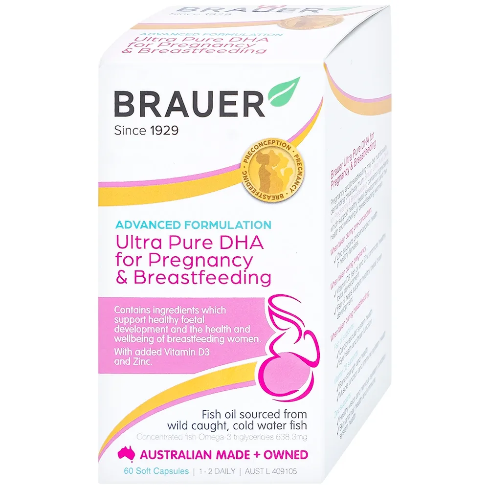 Hình ảnh Viên uống hỗ trợ phụ nữ mang thai và phụ nữ cho con bú Brauer Ultra Pure Dha For Pregnancy & Breastfeeding (60 viên)