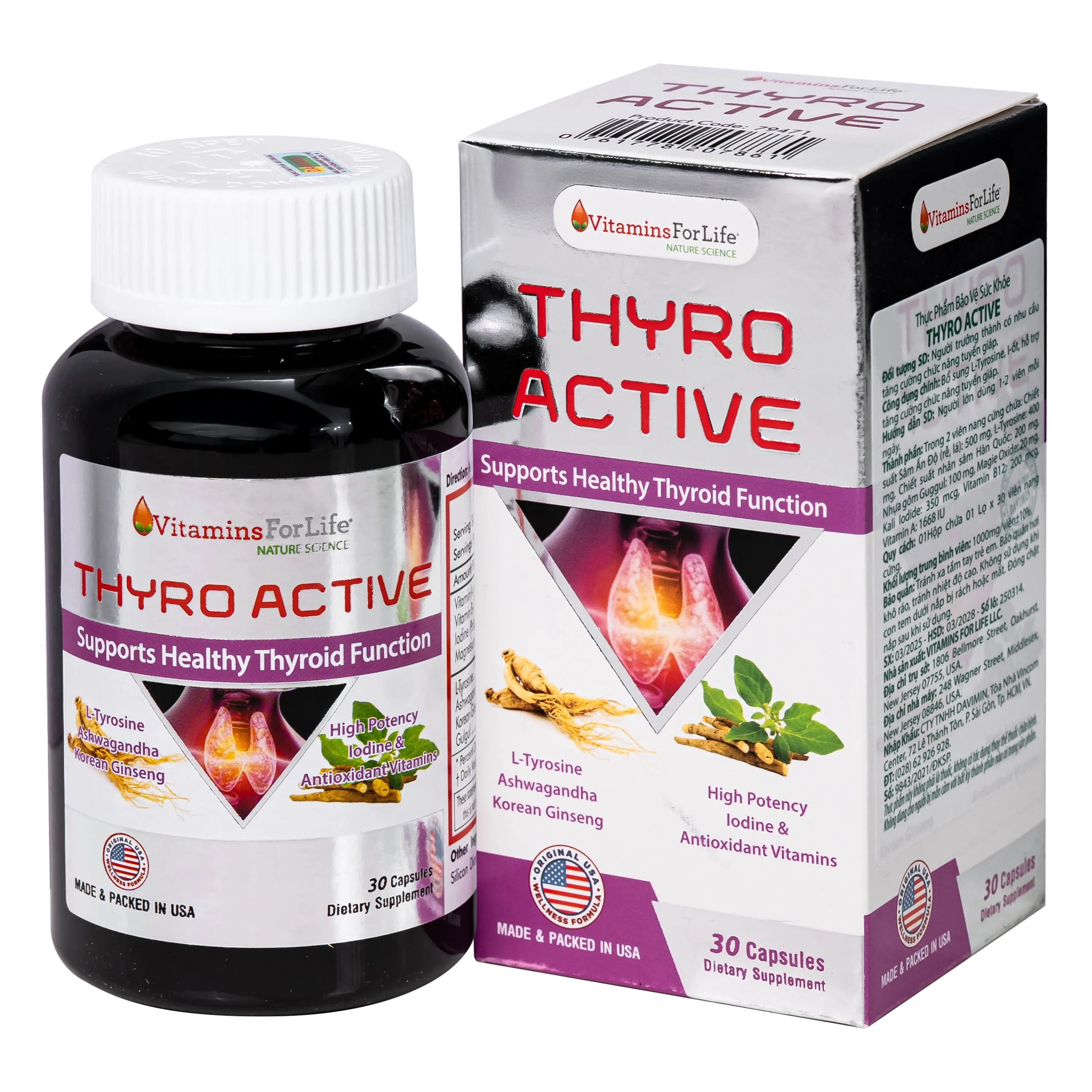 Hình ảnh Viên uống bổ sung L-Tyrosine, I-ốt, hỗ trợ tăng cường chức năng tuyến giáp Thyro Active Vitamins For Life (Hộp 30 viên)